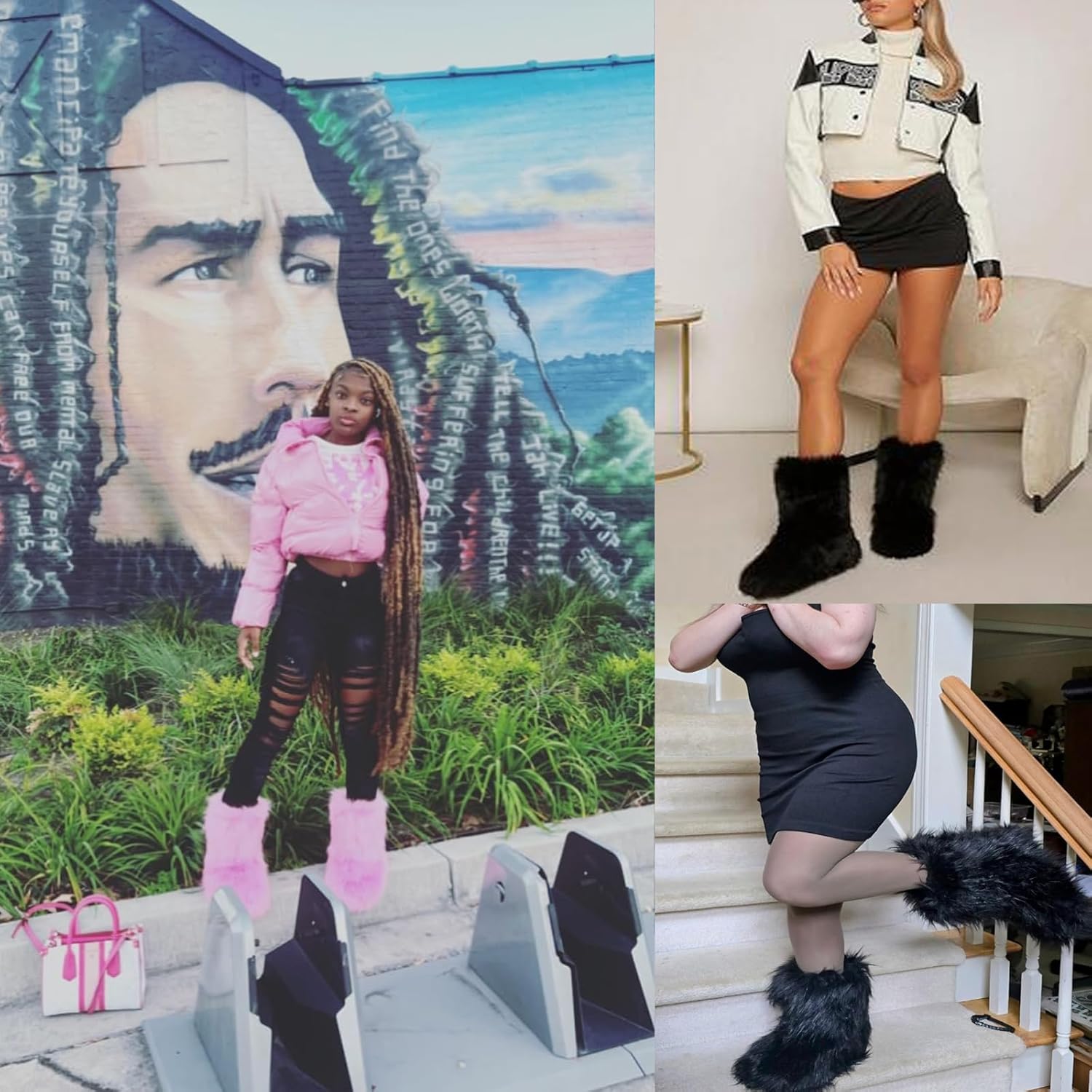 Women's Faux Fur Boots Furry Boots y2k for Girls Fuzzy Fluffy Winter Snow Boots Warm Outdoor Indoor Mid-Calf Flat - Image 4