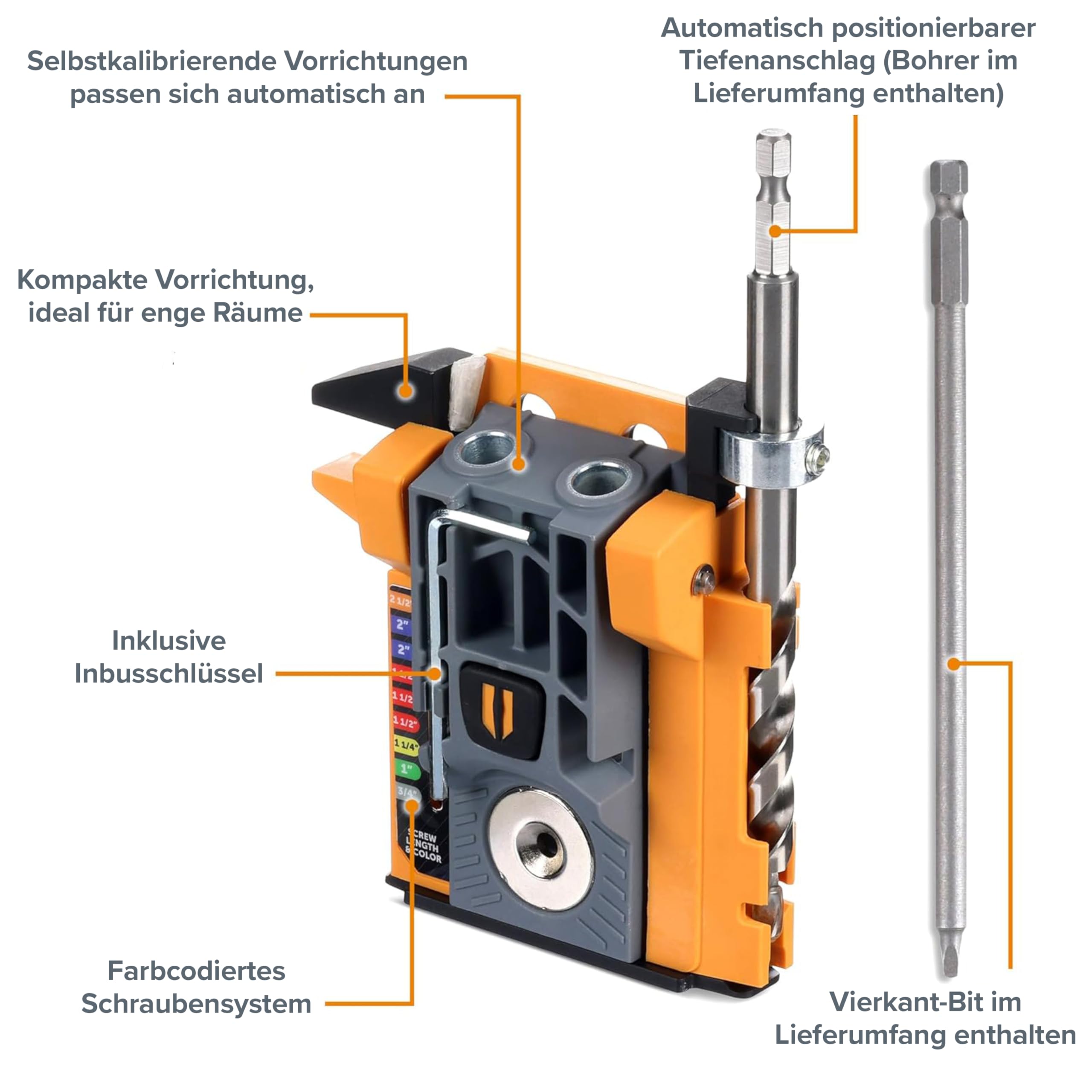 BORA Mini Pocket Hole Jig – Taschenloch Bohrschablone, Set mit Schrauben | Auto-Tiefeneinstellung | Armor-X Push-Lock | 13–38 mm | Inkl. 100-tlg. Schrauben-Set | Für Schreinerei & Heimwerker