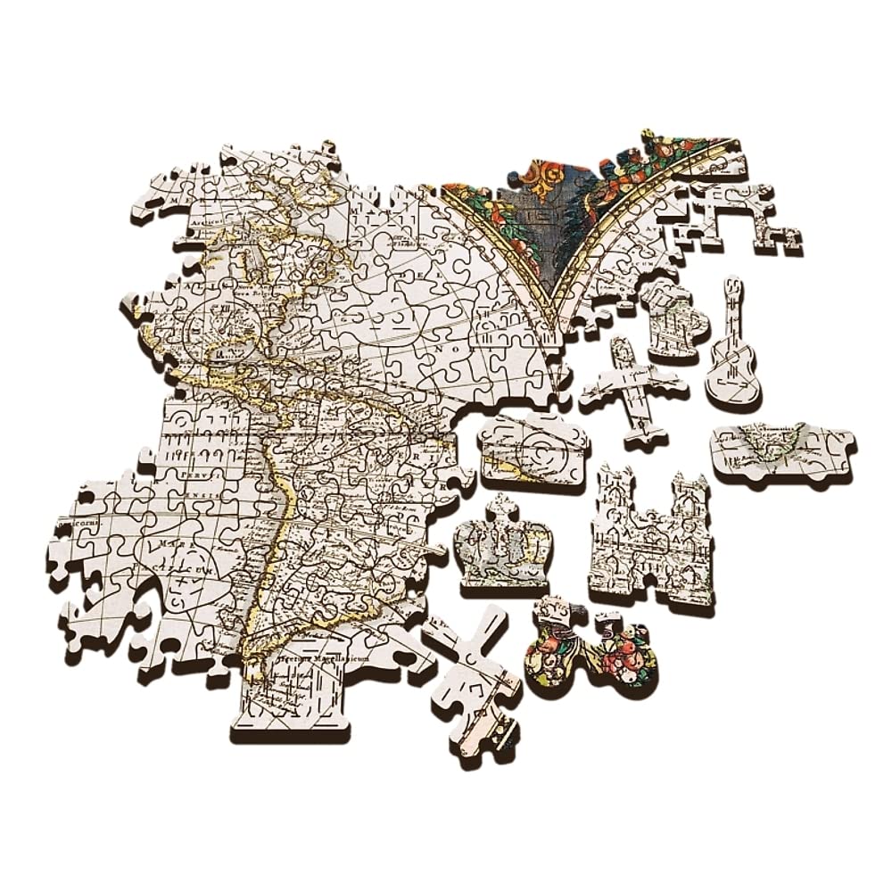 Trefl - Woodcraft 1000 Element, Ahşap El Sanatları, Düzensiz Şekiller, 100 Seyahat Karakteri, Modern Premium, Kendin Yap, Yetişkinler ve Çocuklar İçin 12 Yaşındaki Bulmaca, Antik Dünyanın Renkli Haritası