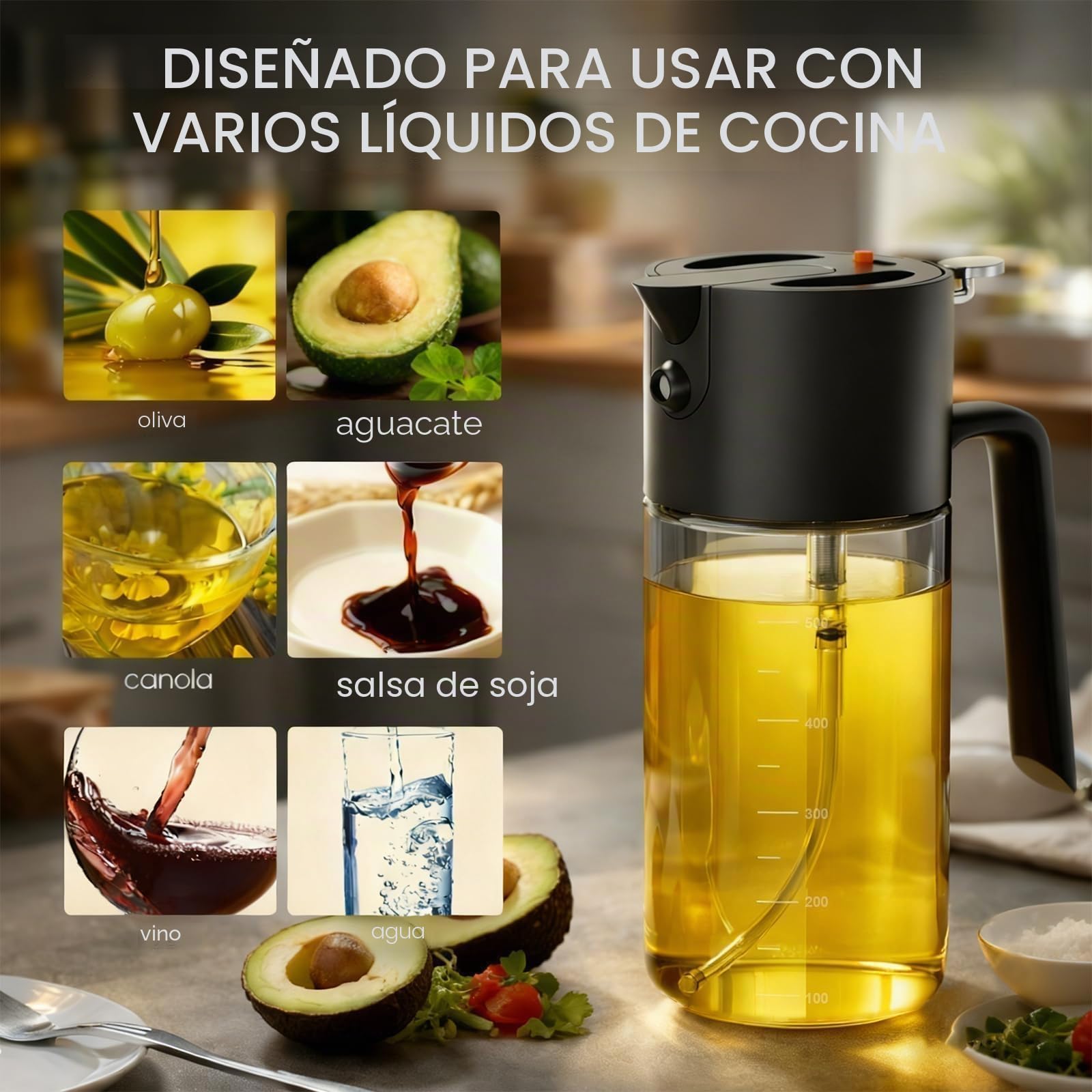 Costop Pulverizador profesional de aceite de vidrio de 500 ml, herramienta de cocina 3 en 1: niebla fina, flujo y vertido, diseño a prueba de fugas para freidora de aire, barbacoa y cocina, sin BPA