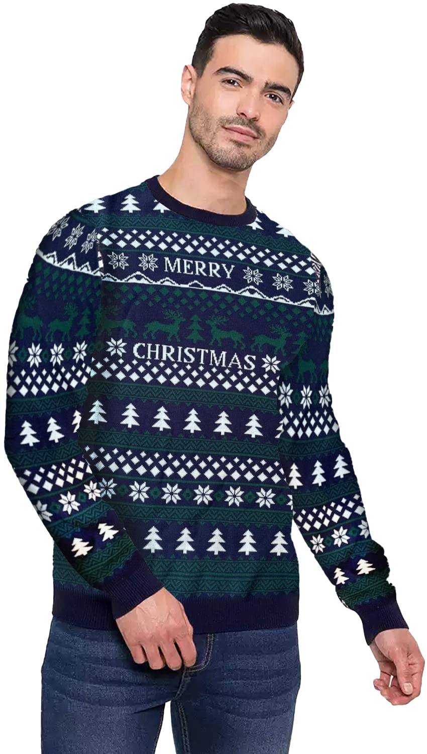Mens Christmas Threadbare Ho Ho Snow Tree Baked Red Stripe Pattern Novelty Jumper