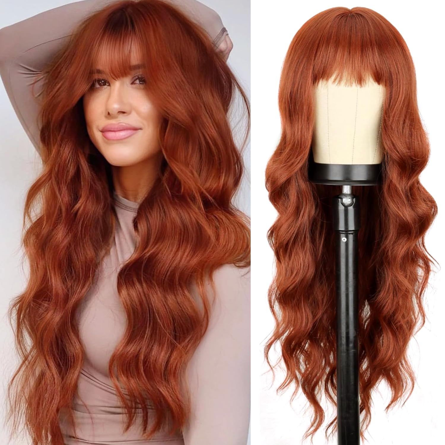 PORSMEER Long Wavy Curly Auburn Fringe Wigs for Women Natural Synthetic Hair Heat Resistant Wigs for Ladies Daily Party Cosplay Wear-26 Inches