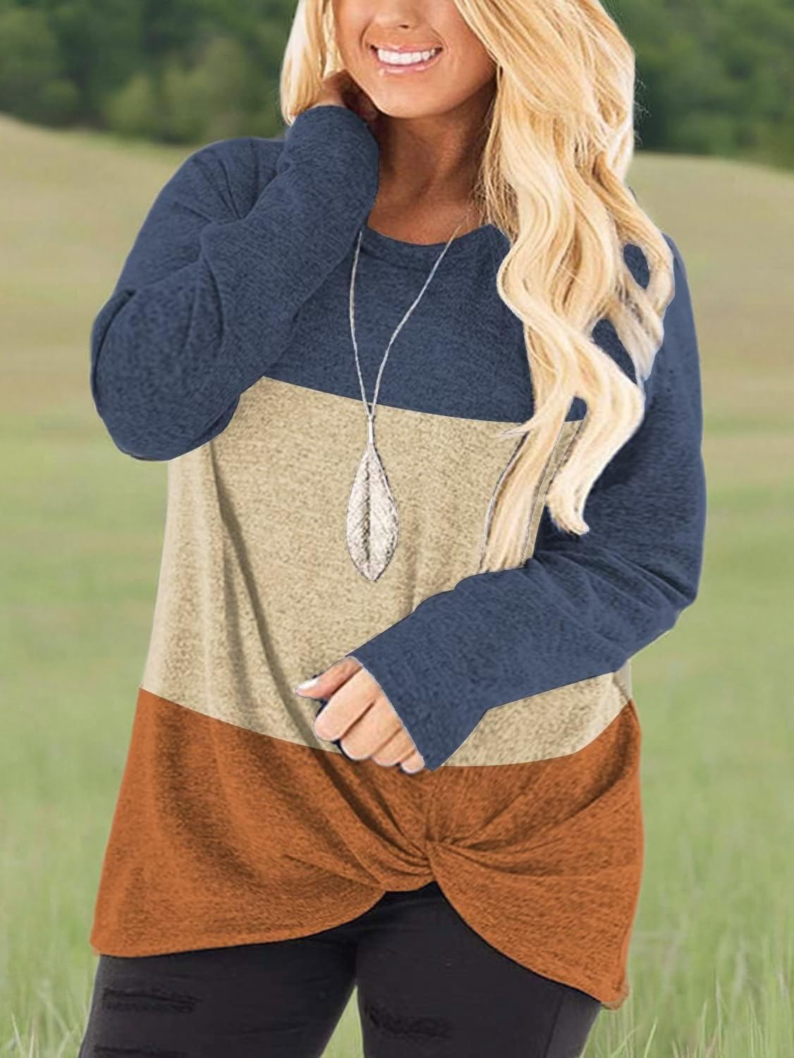 DOLNINE Womens Plus Size Knotted Tops Long Sleeve Tee Shirts Loose Casual Blouse - Image 5