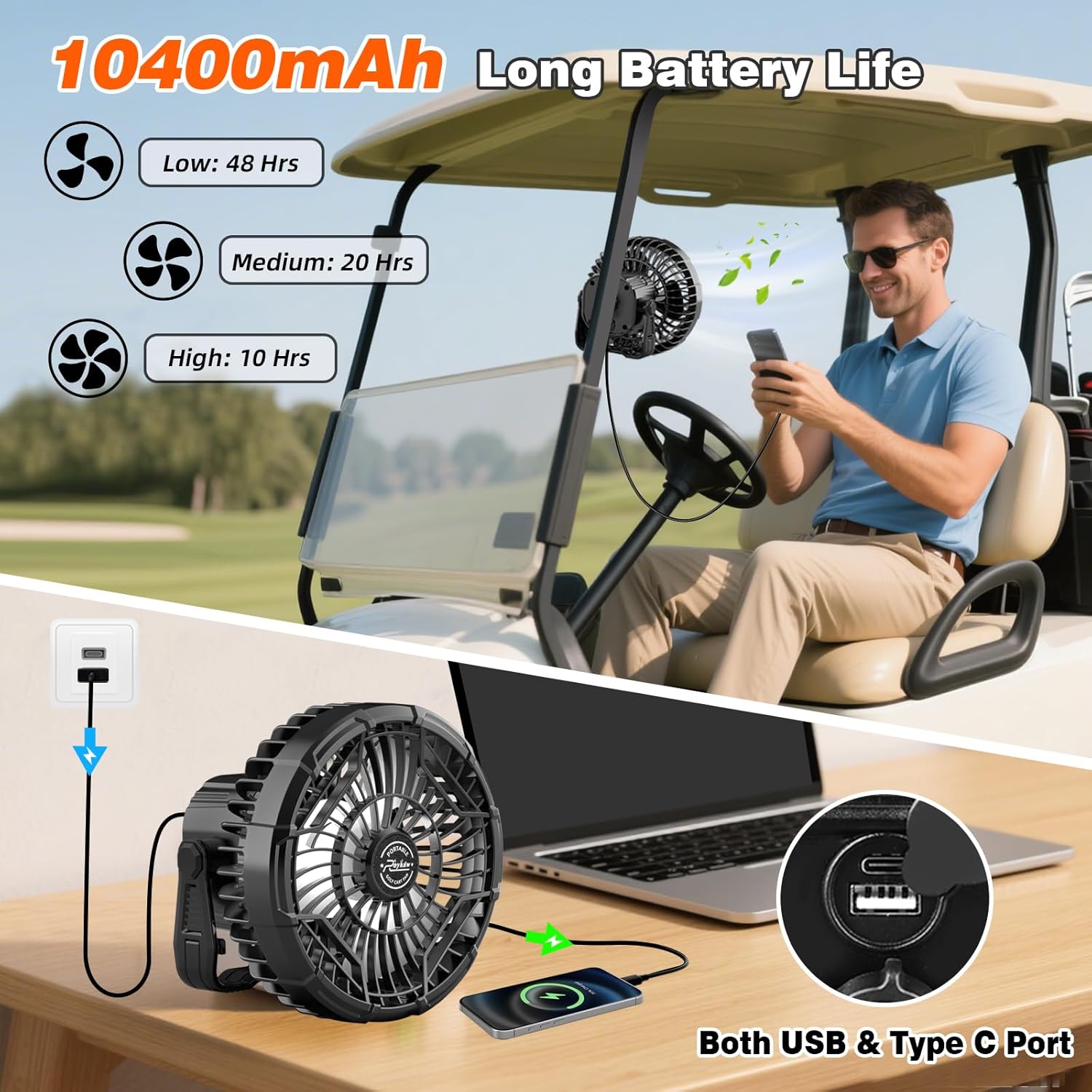 Roykaw 10400 mAh Magnetic Golf Cart Fan Portable Rechargeable Battery Powered, 24+ Hrs, w/LED Lights, Compatible with EZGO/Club Car/Yamaha & All Ironic-Body, Cordless & Remote Control, 1 PC - Image 2