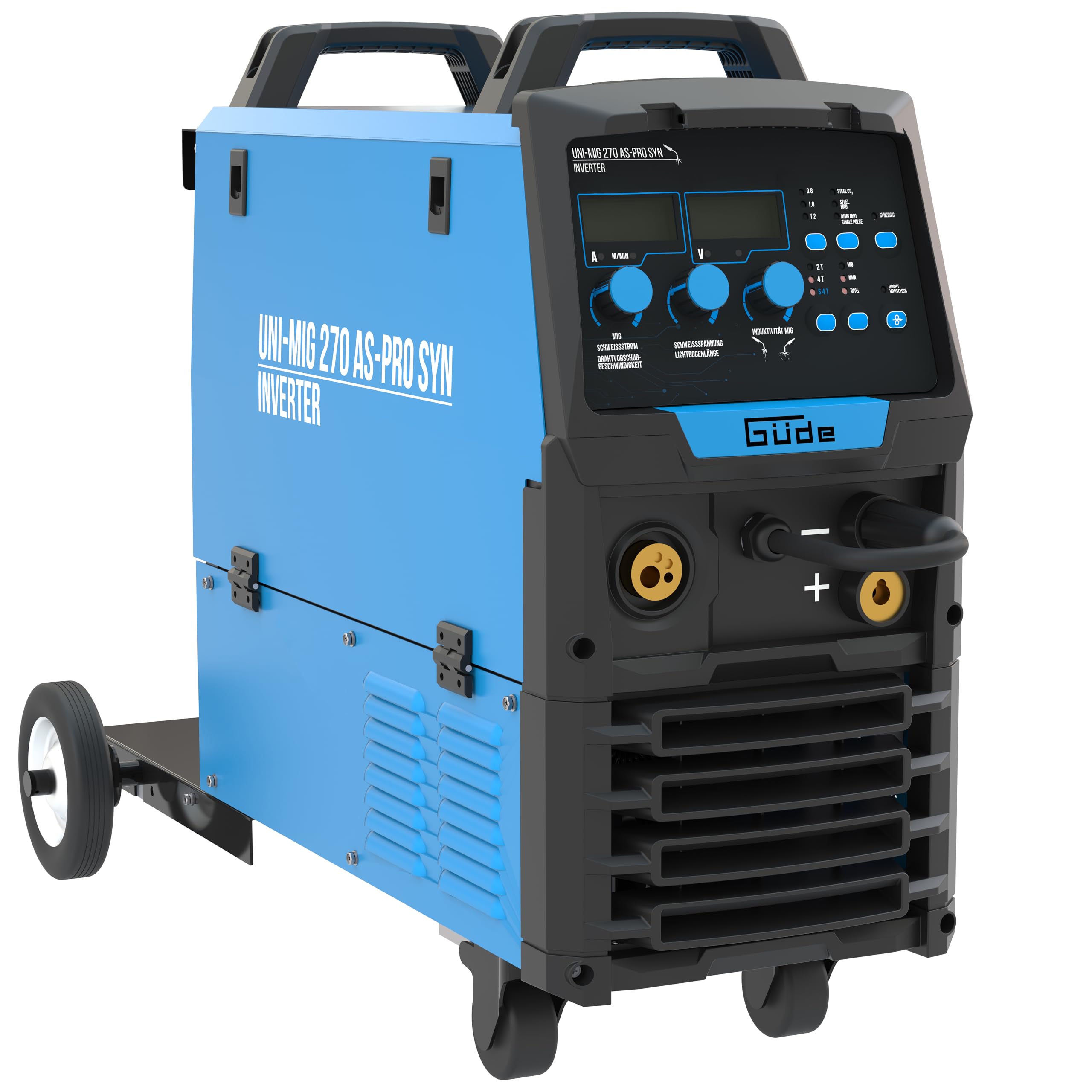Güde Uni-Mig 270 AS-Pro SYN - Soldadora universal (400 V, 4 en 1, pantalla digital, 6,8 kVA, corriente de soldadura regulable de 30-270 A, incluye soporte para electrodos, paquete de manguera