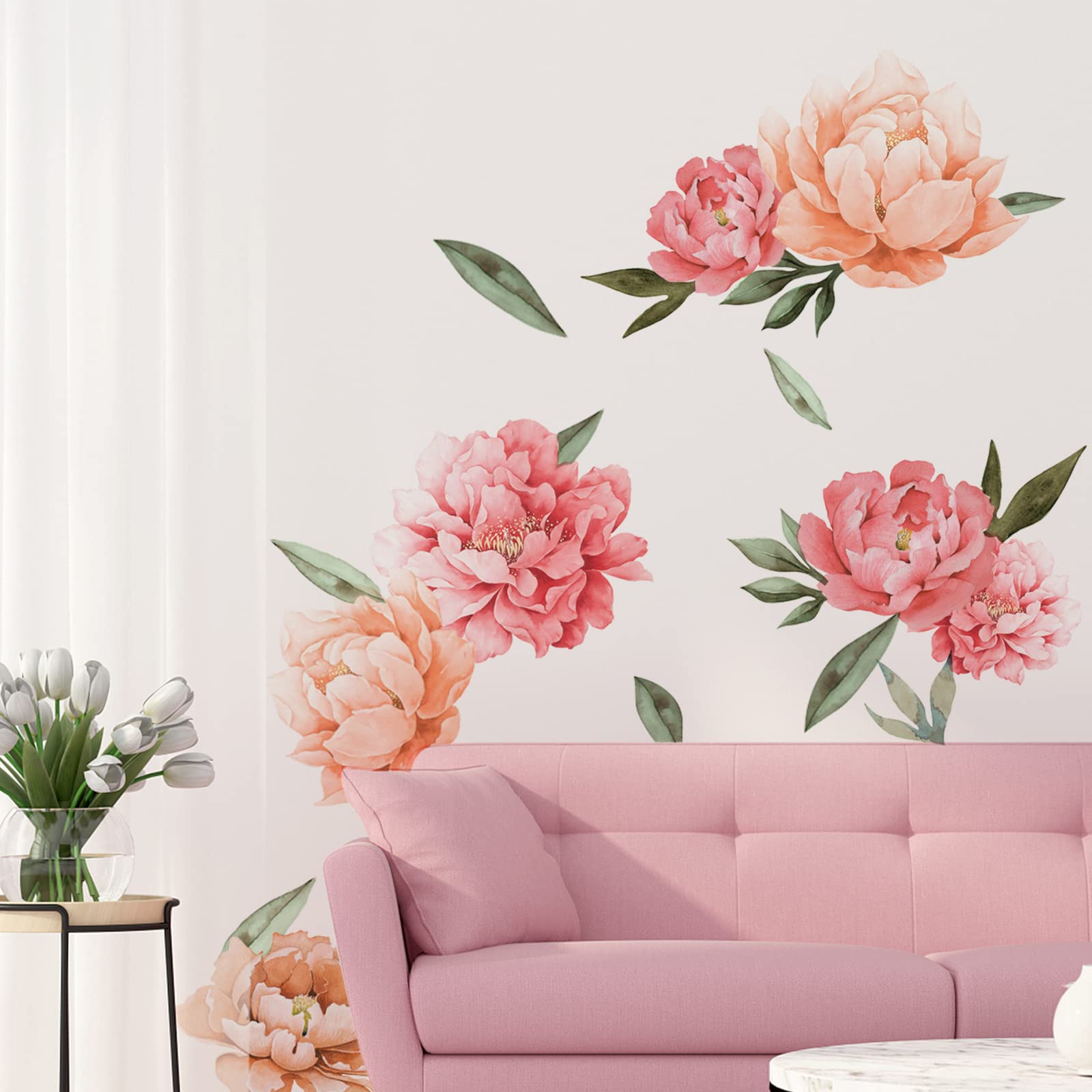 Calcomanías de pared de flores de peonía, calcomanías de pared con diseño de peonías elegantes, rosas de peonías, flores rosadas, apliques artísticos para sala de estar, dormitorio, habitación de