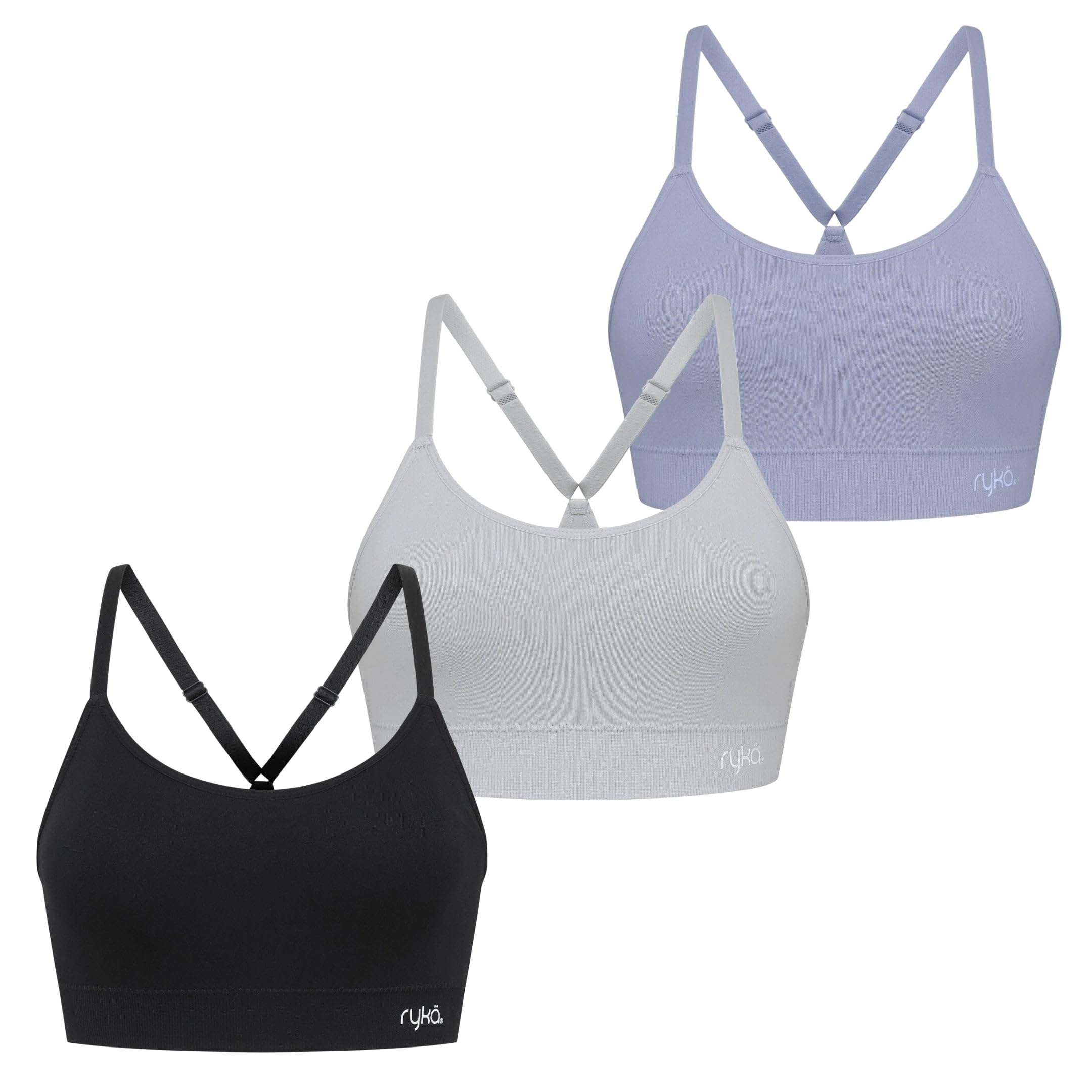 Ryka Katharina - Brasier deportivo sin costuras para yoga, espalda cruzada, sostén deportivo, almohadillas extraíbles, paquete de 3