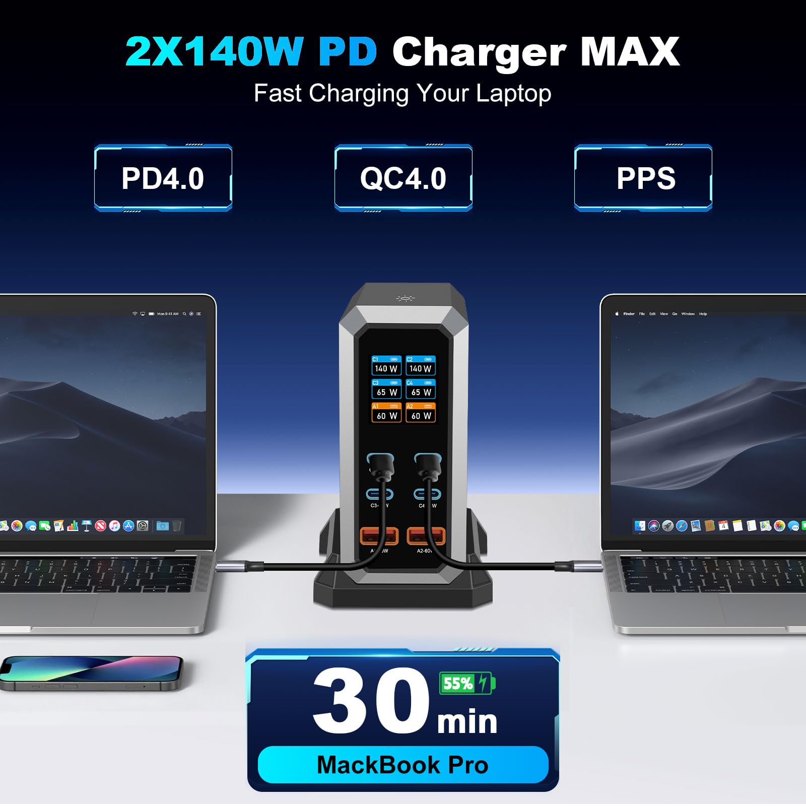 GaN3 800 W USB C oplader, meervoudig - 8 x USB-C-poorten (140W/100W/65W) en 2x USB-A-poorten (30W QC) - Compacte multi-apparaten oplader, compatibel met laptops, iPhone 15/16, Galaxy, PS5 voor reizen