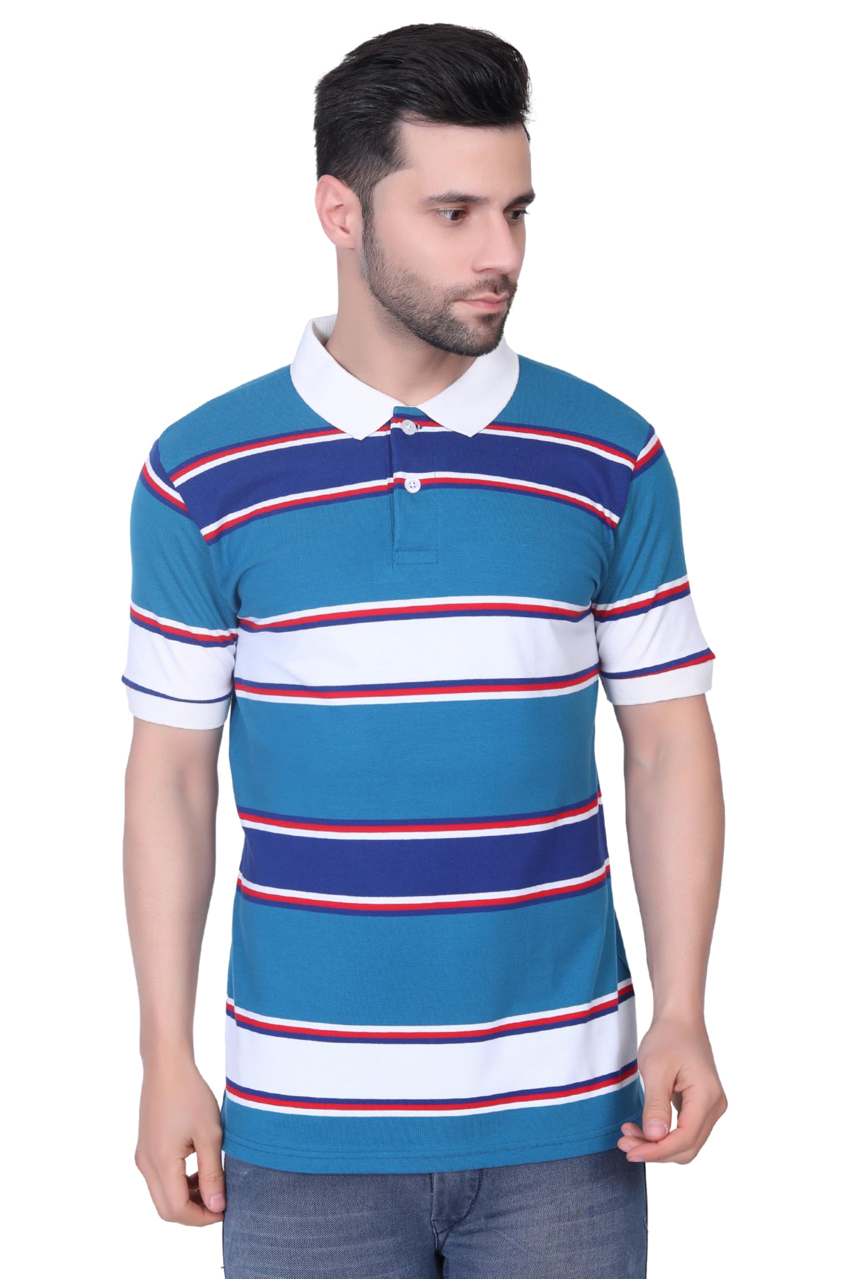 Men's Cotton Polo T-Shirt, Blue & White Horizontal Stripes, Short Sleeve, Collared Neck, Regular Fit