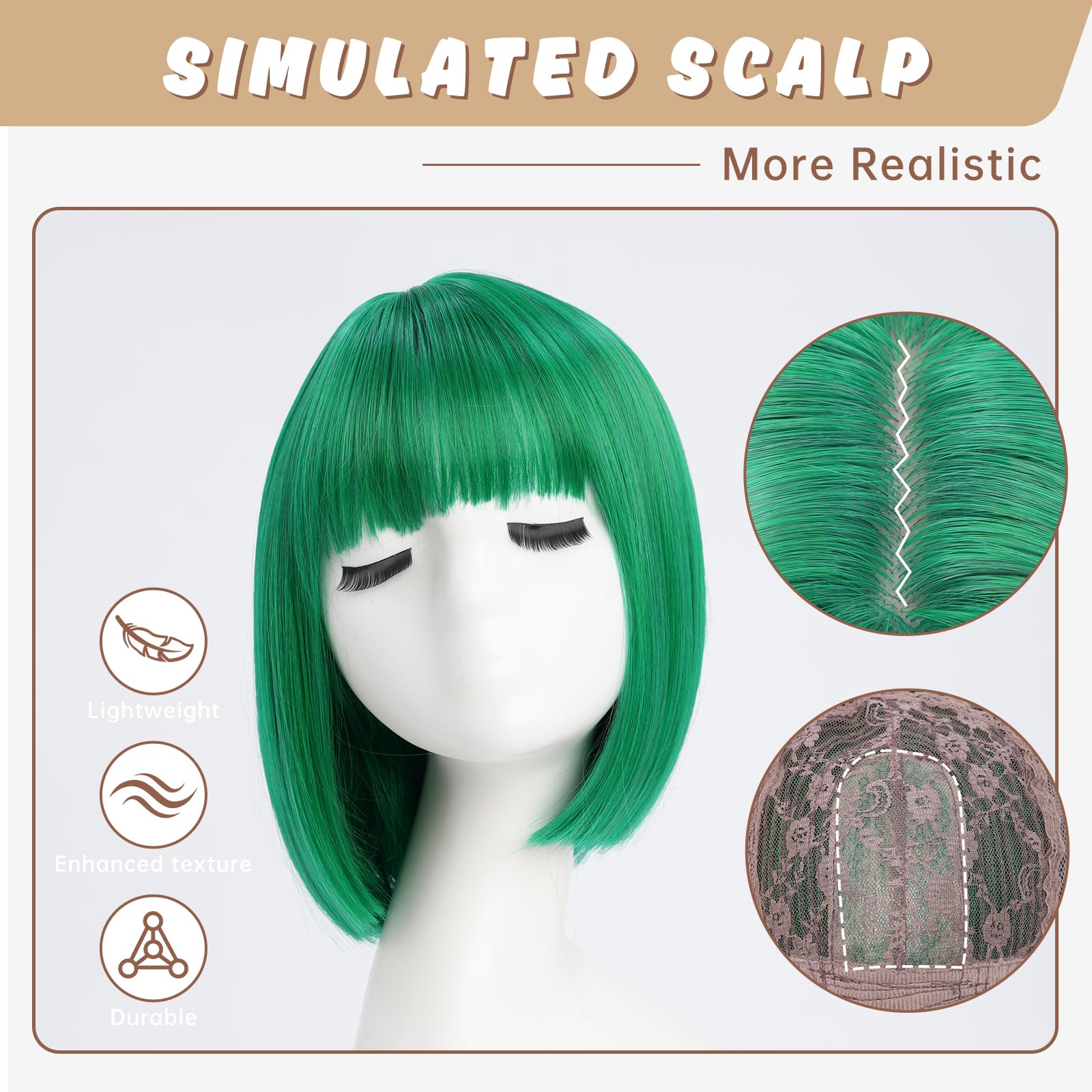 YaissmyLu Short Green Bob Wig with Bangs Straight Bob Wigs for Women Natural Looking Green Synthetic Hair Heat Resistant Fiber Colorful Wig for Costume Cosplay Party(10 inch) - Image 4