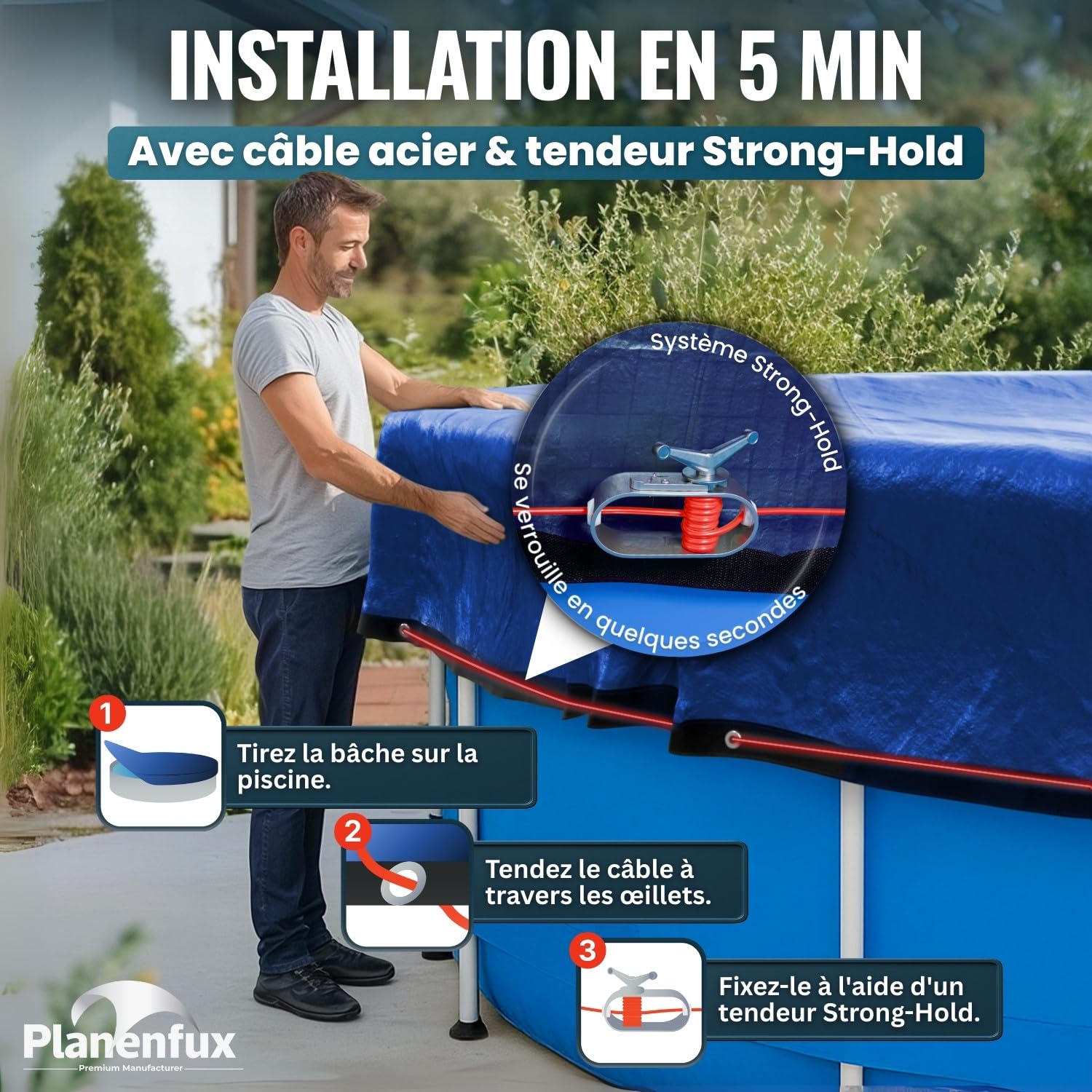 Planenfux® Bache hivernage Piscine Hors Sol Ronde 5m | Bâche Piscine 4.88 Ronde été et Hiver en polyéthylène 200g/m² | Bache de Protection résistante au Chlore & aux UV avec Fonction Solaire | Ø560