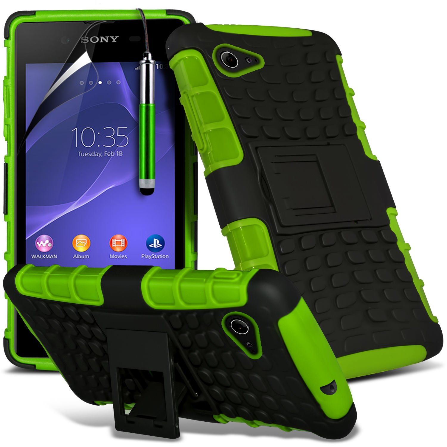 ( Green ) Sony Xperia E3 Perfect Fit Tough Survivor Hard Rugged Shock Proof Heavy Duty Case W/ Back Stand, LCD Screen Protector Guard, Polishing Cloth & Mini Retractable Stylus Pen by Spyrox