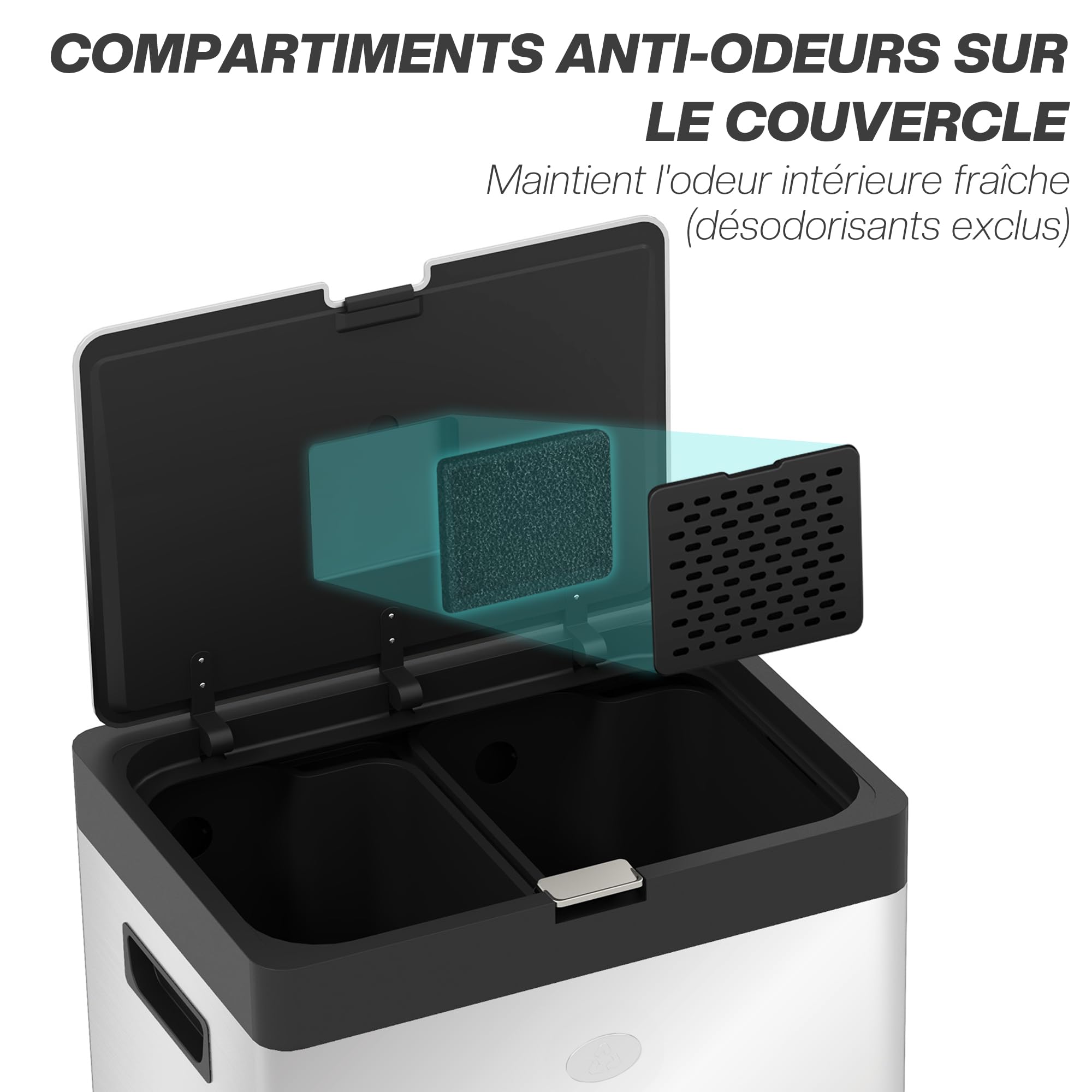 HOMCOM Poubelle de Cuisine Tri Sélectif 56L Acier INOX 410 Argent | Roulettes Recyclage, 3 Compartiments, Fermeture Douce, Pédale Large, Anti-Odeurs