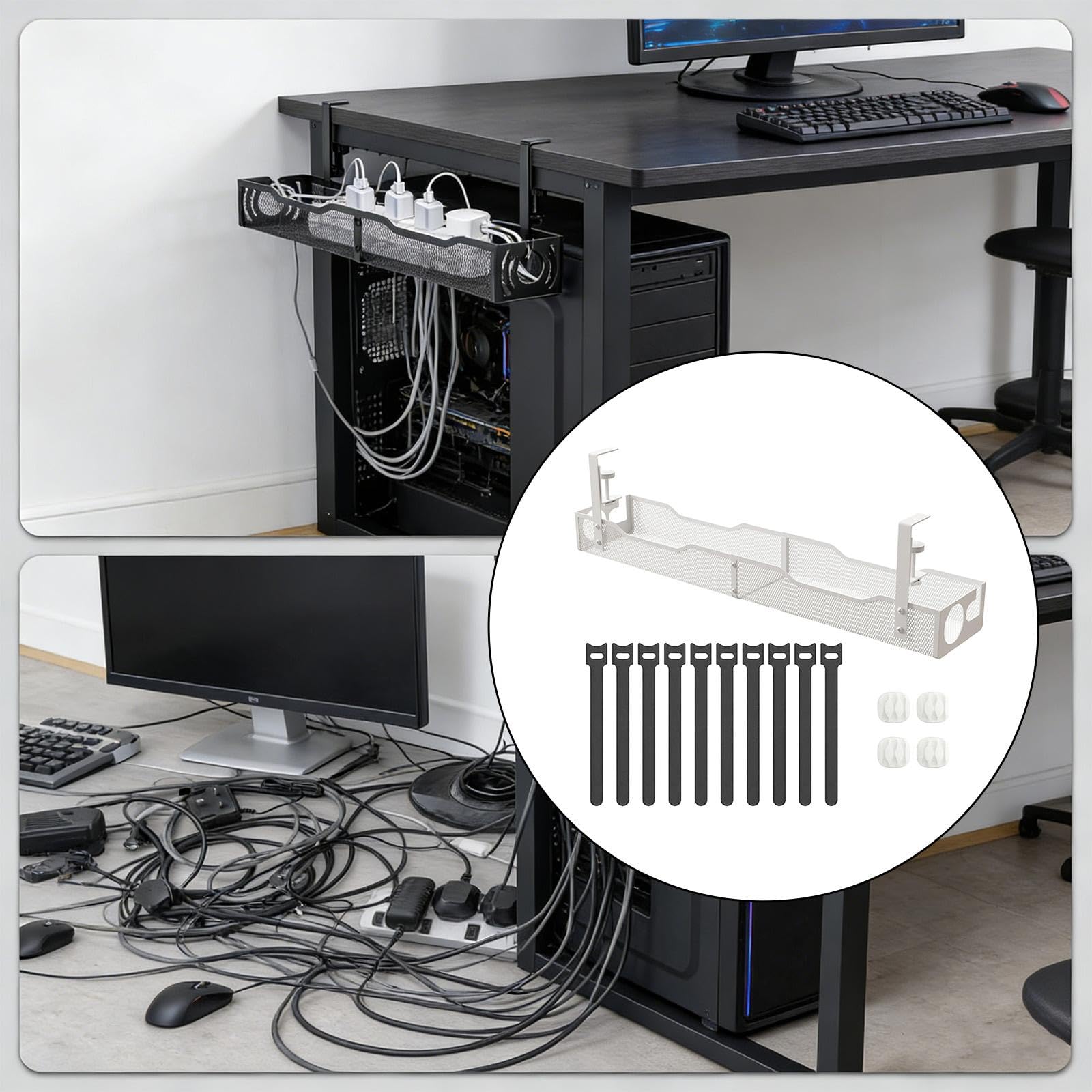 MagiDeal Goulotte de gestion des câbles sous bureau, organiseur de câbles sans endommager le bureau, goulotte à 2 trous pour bureaux assis-debout, hub USB, Blanc