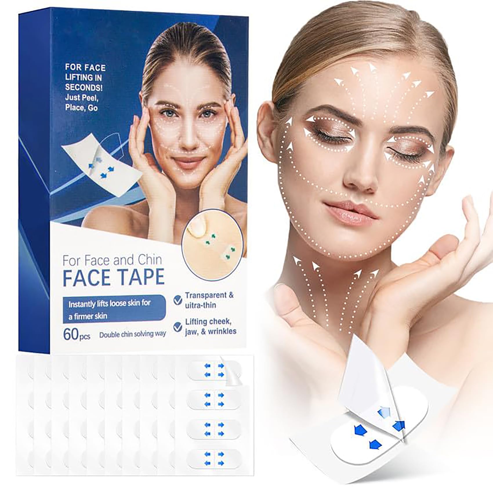 ALMEKAQUZ Face Lift Tape, Face Tape Lifting Invisible, Face Tapes for Lifting Sagging Skin Hide Double Chin Smooth Wrinkles Face, Instant Face Lift V-shaped Face, Facial Tape Lift Waterproof (60 PCS)