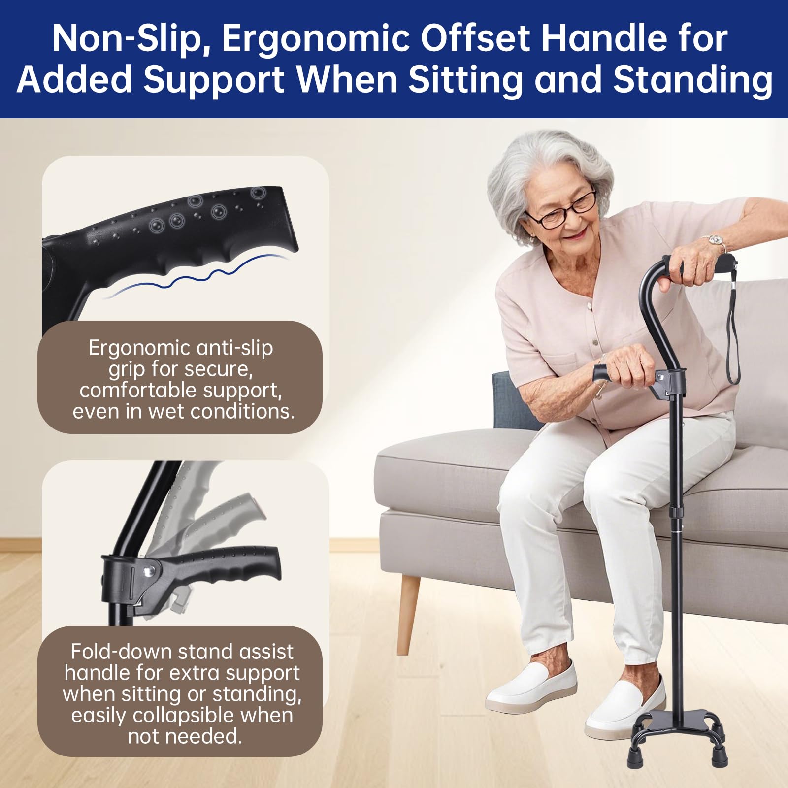 Quad Walking Cane Adjustable Men & Women, Foldable Walking Stick for Seniors, Lightweight & Sturdy with 4-Pronged Base for Extra Stability, Crutche with Foam Padded
