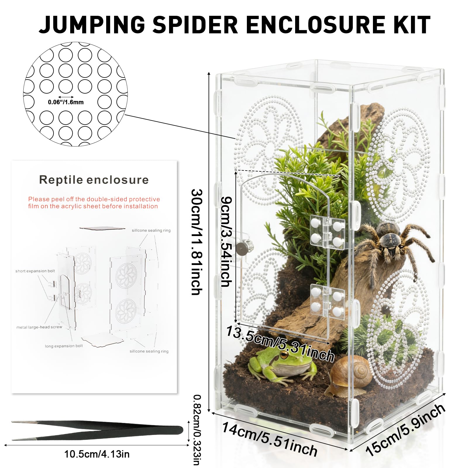 DARENYI Acryl Reptil Terrarium, 30 x 15 x 14cm 360° Transparente Faunabox Enthält Pinzette, Atmungsaktiv Reptilien Aufzuchtbox, Reptilien Fütterungsbox für Springspinne, Eidechsen, Schnecken, Insekten - 4