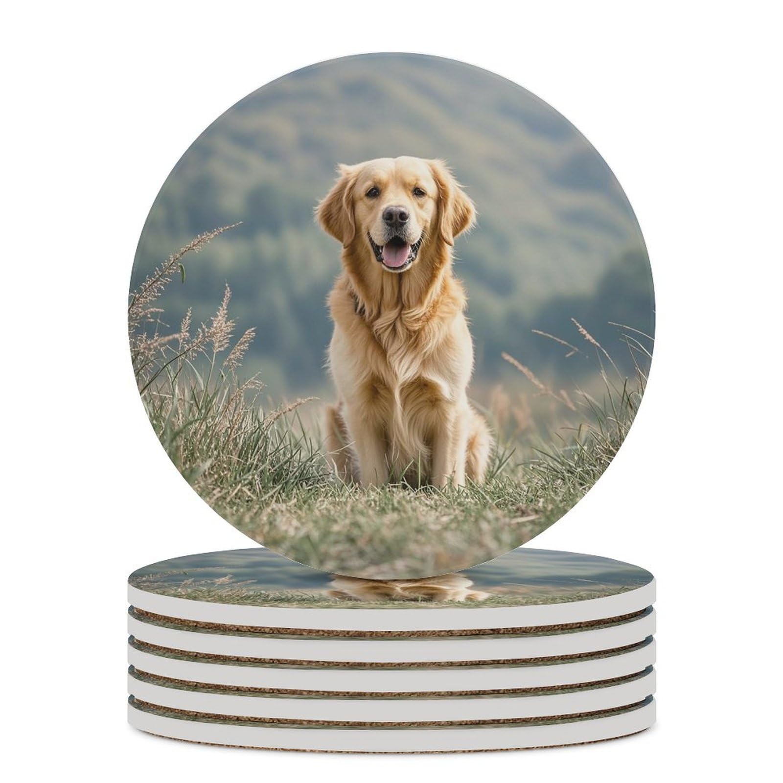 6 Dessous de verre en céramique chien Golden Retriever ronds