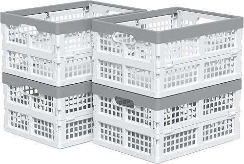 4 paquetes de contenedores de almacenamiento plegables pequeños de 15 litros/contenedor, cesta plegable de plástico apilable, color blanco