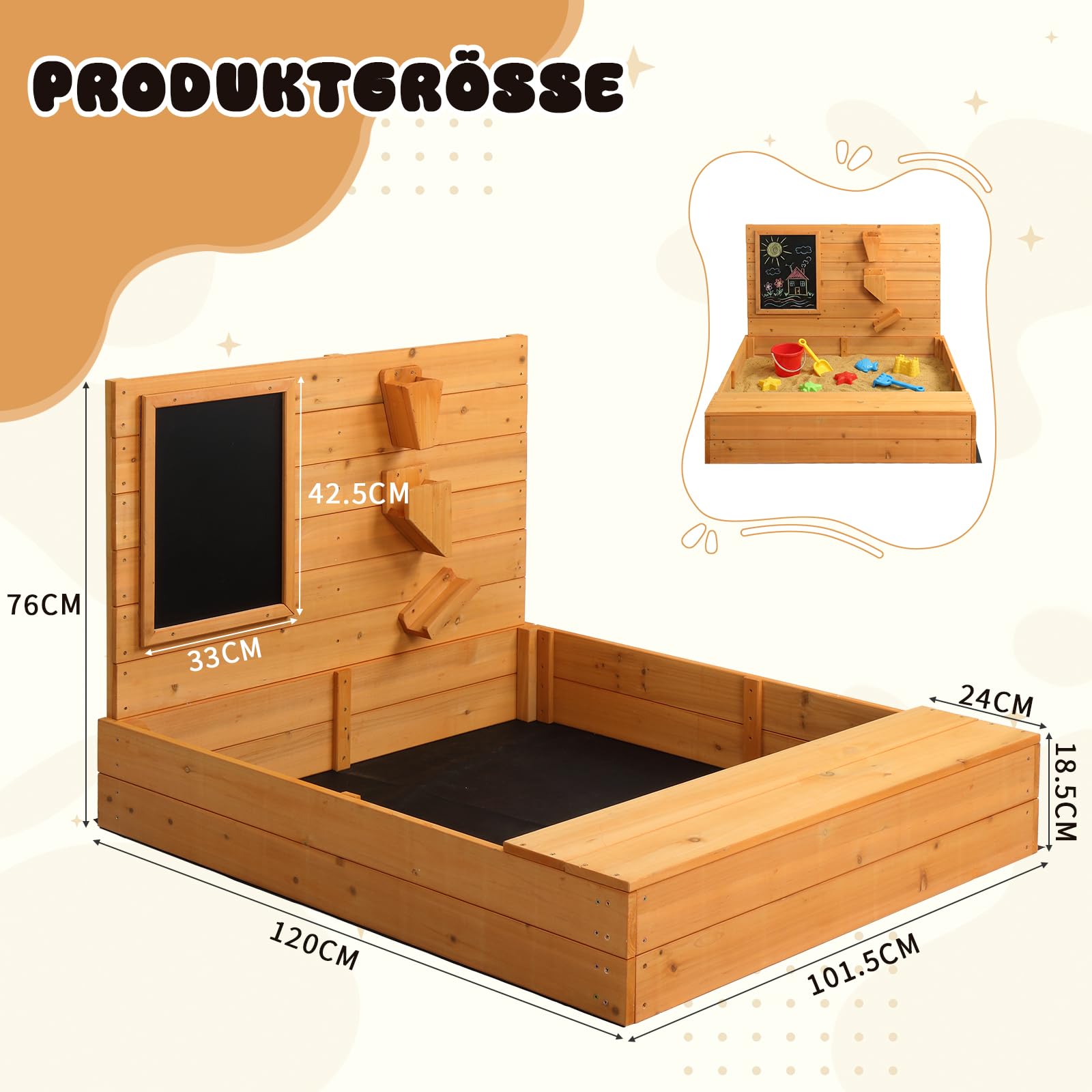 LEADZM Holz Sandkasten für Kinder mit Sitzbank, Tafel und Trichter, 120 x 115 x 76,5 cm, Großes Outdoor-Sandkasten für Garten, Strand und Park, für Kinder im Alter von 3 bis 12 Jahren