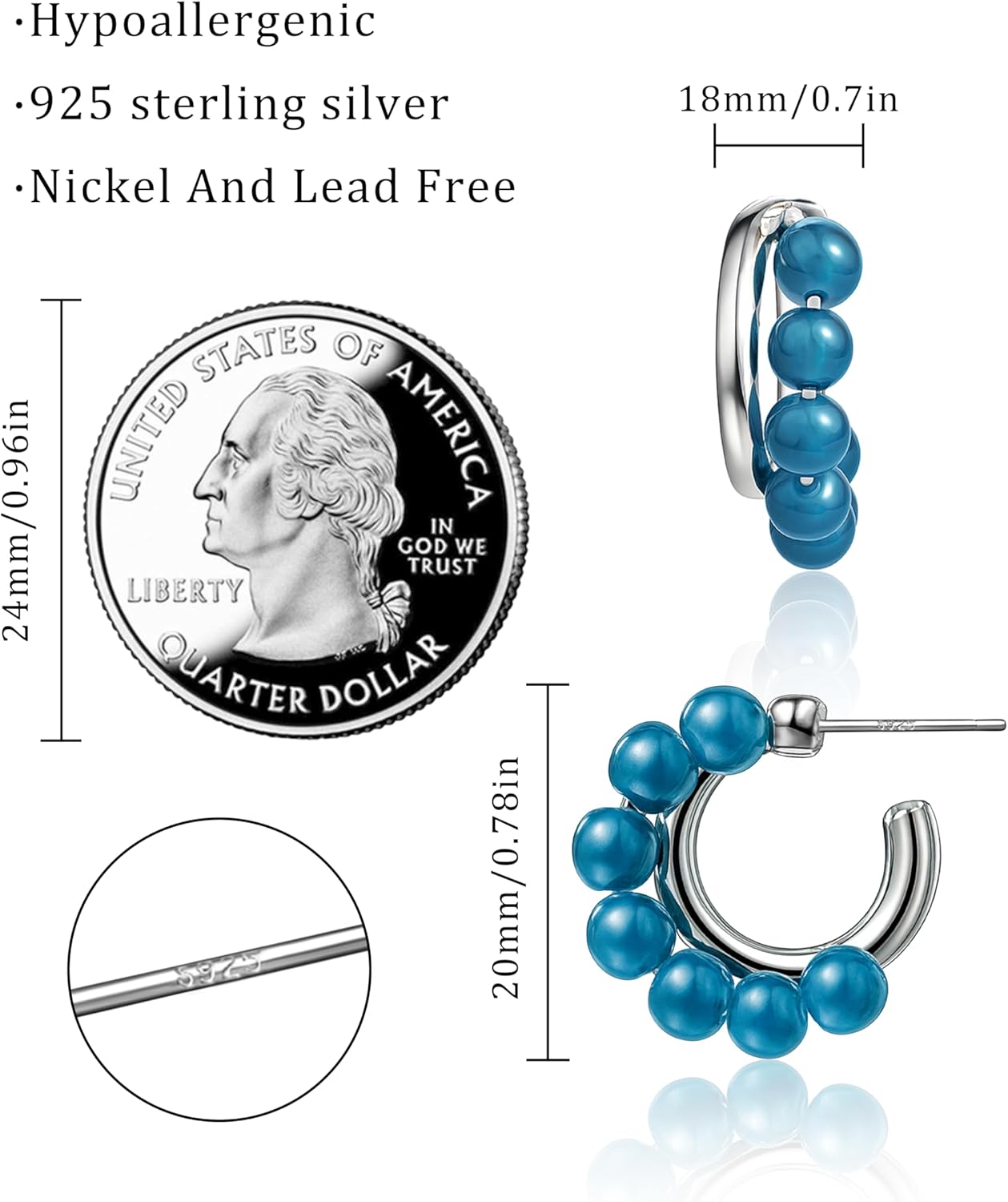 Blue Beaded Double Hoop Earrings, Huggie Hoop Earrings for Women, Boho Silver Earrings with Blue Beads Jewelry Gift - Image 4