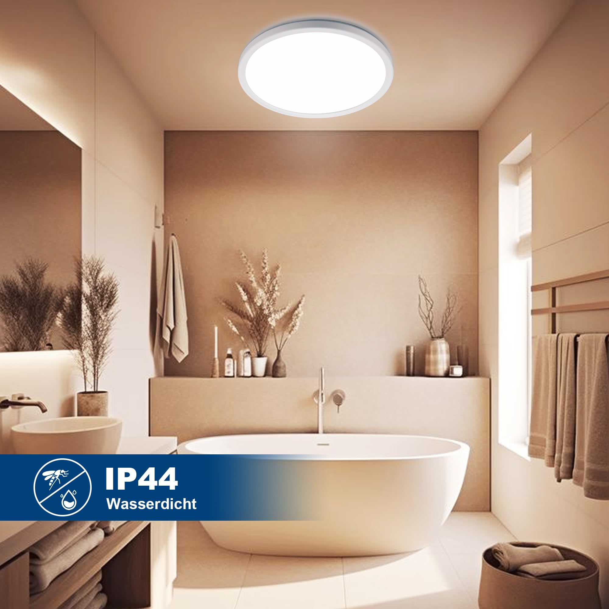 ONDTA LED Deckenleuchte Dimmbar 45W, 2700K-6500K 6700LM Deckenlampe Wohnzimmer, IP44 Küchenlampe Badezimmer Lampe Deck, Ultra Dünn LED Panel für Küchen Schlafzimmer, Weiß Rund Ø57 CM