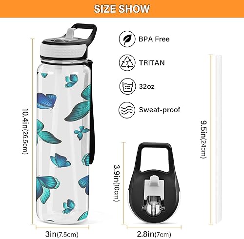Miniatura 3 de Botella de agua deportiva de mariposa azul acuarela con popote, botella de Tritan a prueba de fugas, sin BPA, botella de agua transparente para