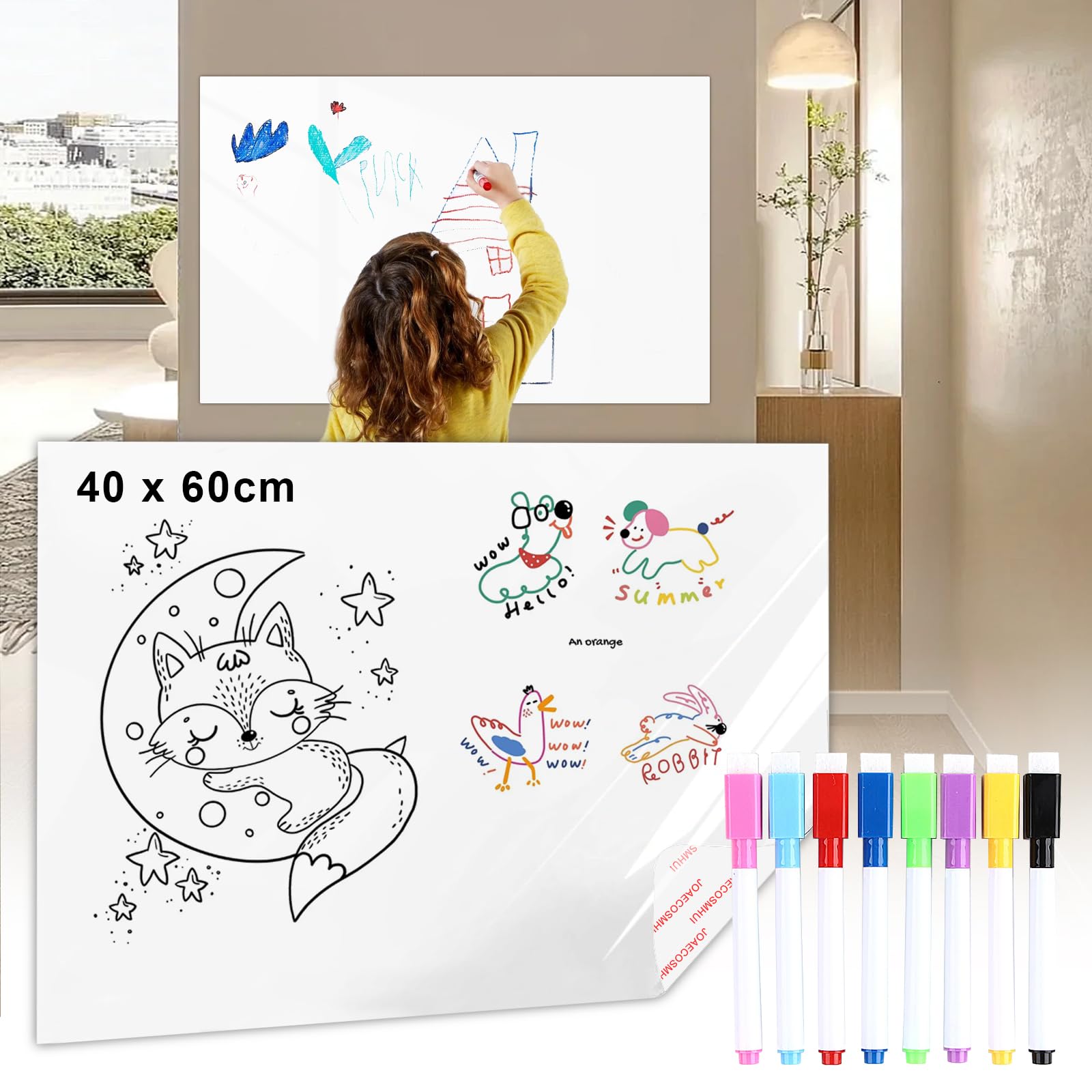 Rouleau Adhésif Effaçable à Sec 40 x 60 cm - Tableau Blanc Auto-adhésif, Tableau Blanc Effacable Ultra-flexible avec 8 Marqueurs Effaçables, Facile à Coller et Décoller, Sans Résidu