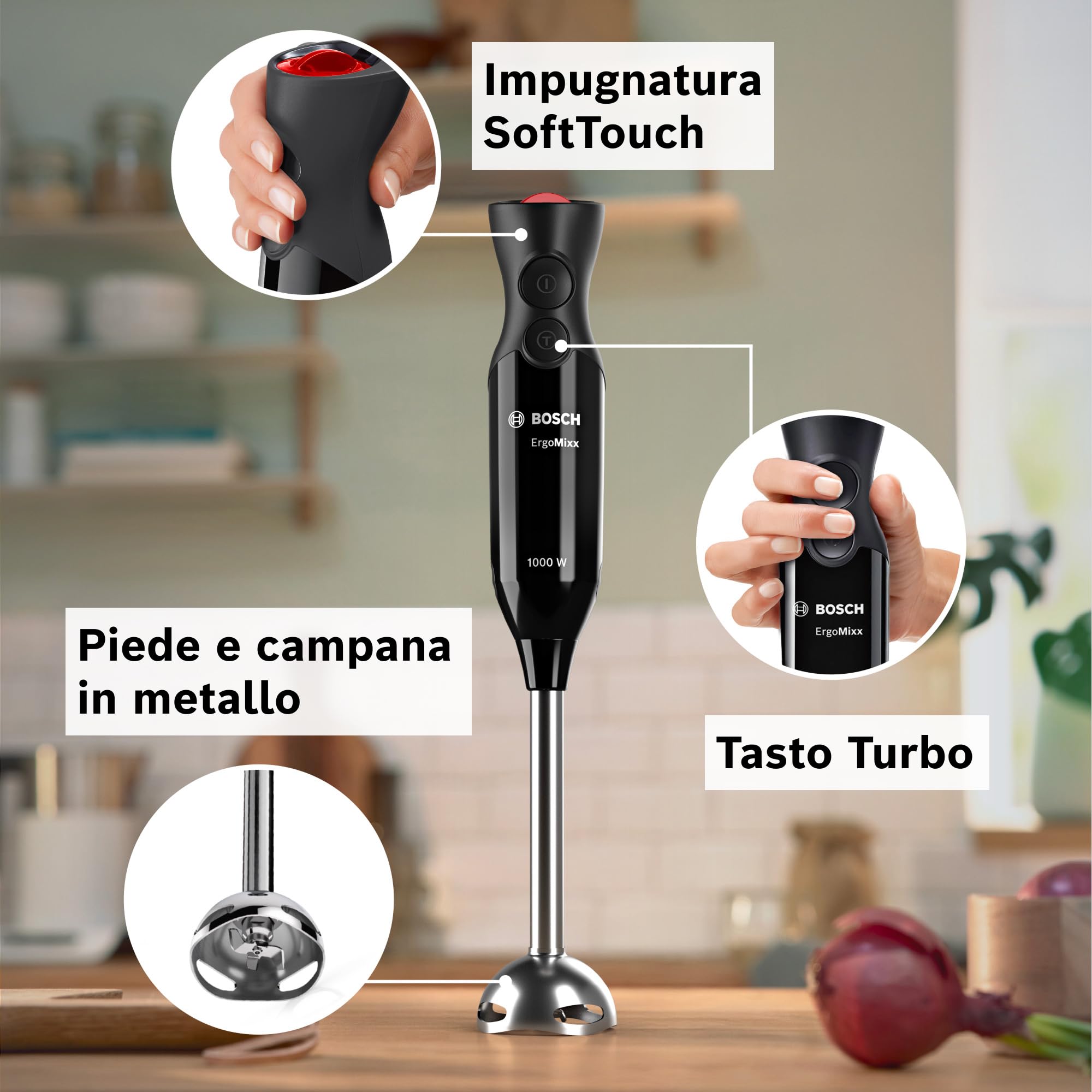 Bosch Frullatore a Immersione MS61B6150, 1000 W, Impugnatura Ergonomica, Lama a 4 ali Acciaio Inox,12 Velocità e Funzione Turbo, Accessorio Tritatutto e Frusta, Bicchiere Graduato, Nero