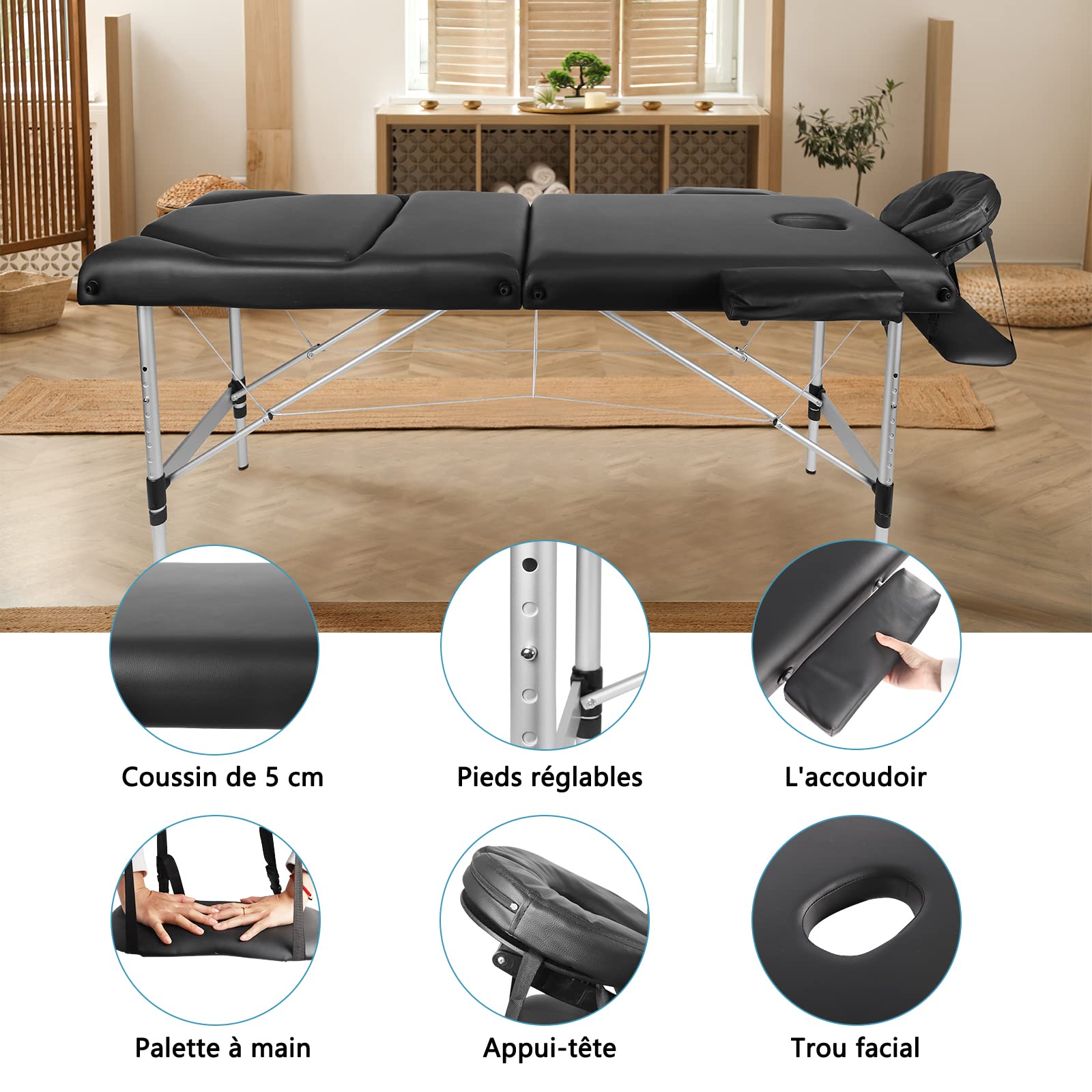 Vesgantti Table de Massage Pliante Professionnelle, Lit de Massage 3 Zones Aluminium, Table Esthetique Cosmetique Tatouage Portable, Hauteur Réglable avec Repose Bras - Noir