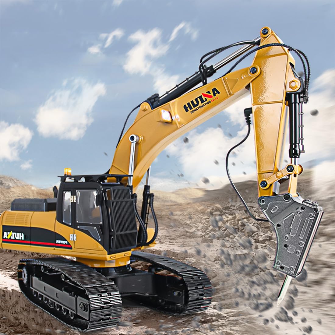 Excavadora RC 5 en 1 de metal completo a escala 1/14 2.4G con trituradora, agarre de troncos, cizalla hidráulica, garra - Modelo de vehículo de construcción con luces LED ahumadas