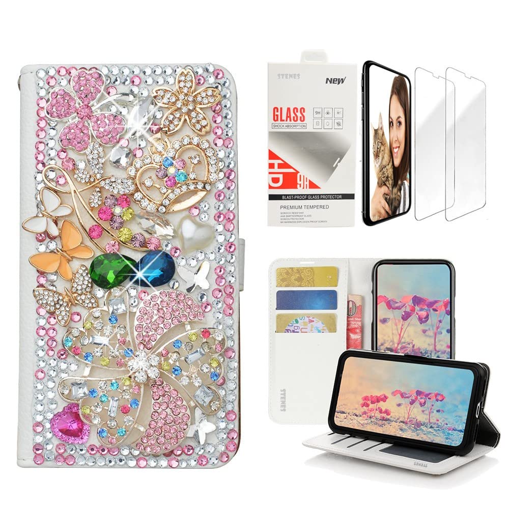 STENES Bling Wallet Phone Case Compatible with Samsung Galaxy Note 20 Ultra - Stylish - 3D Handmade Windmill Flowers Crown Butterfly Leather Cover with Screen Protector [2 Pack] - Pink
