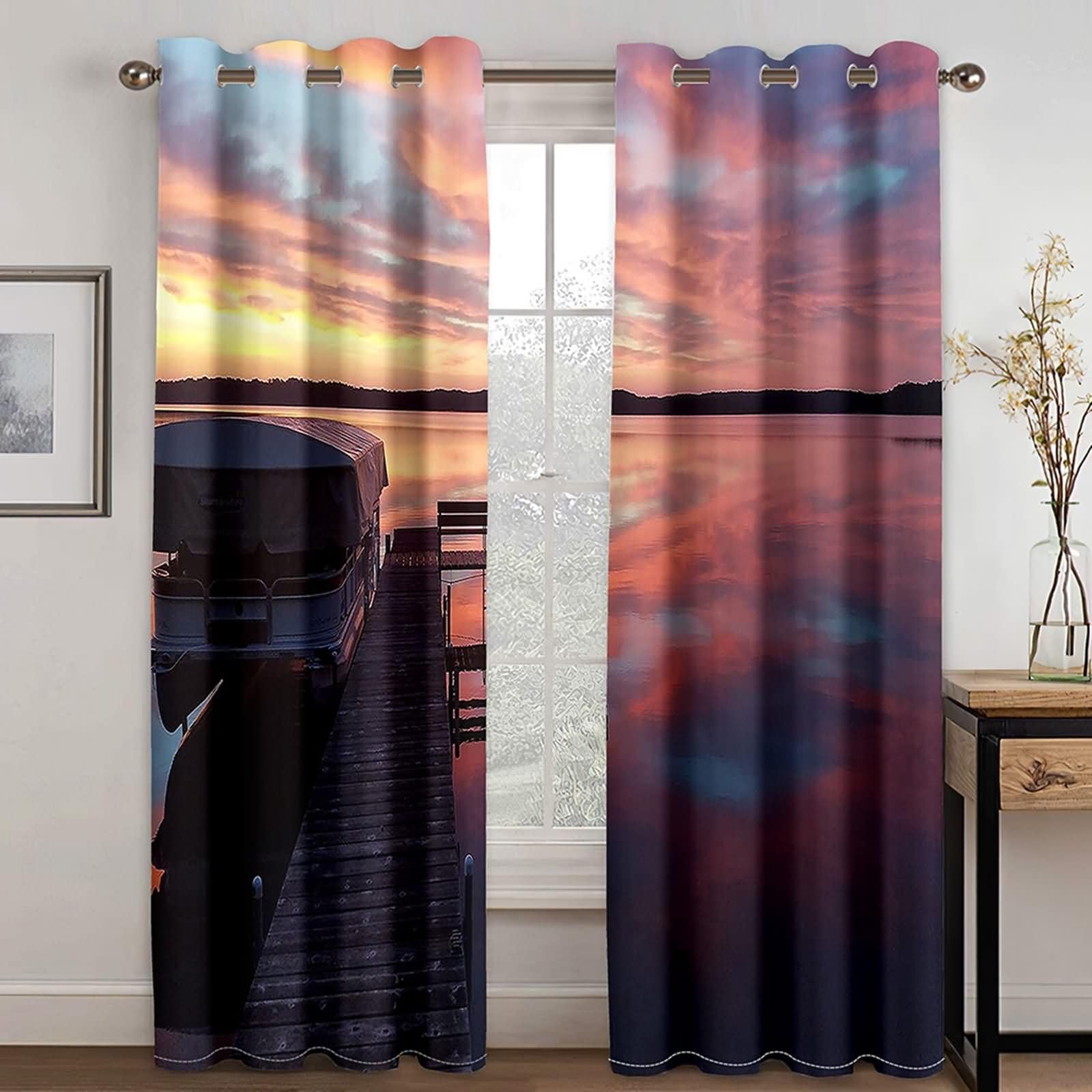 Blickdichte Vorhänge Kinder 2 Panels,2 x 137W x 183H cm,Gardinen Set mit Ösen Seelandschaft und Sonnenuntergang Vorhänge Mehrfarbig für Wohnzimmer