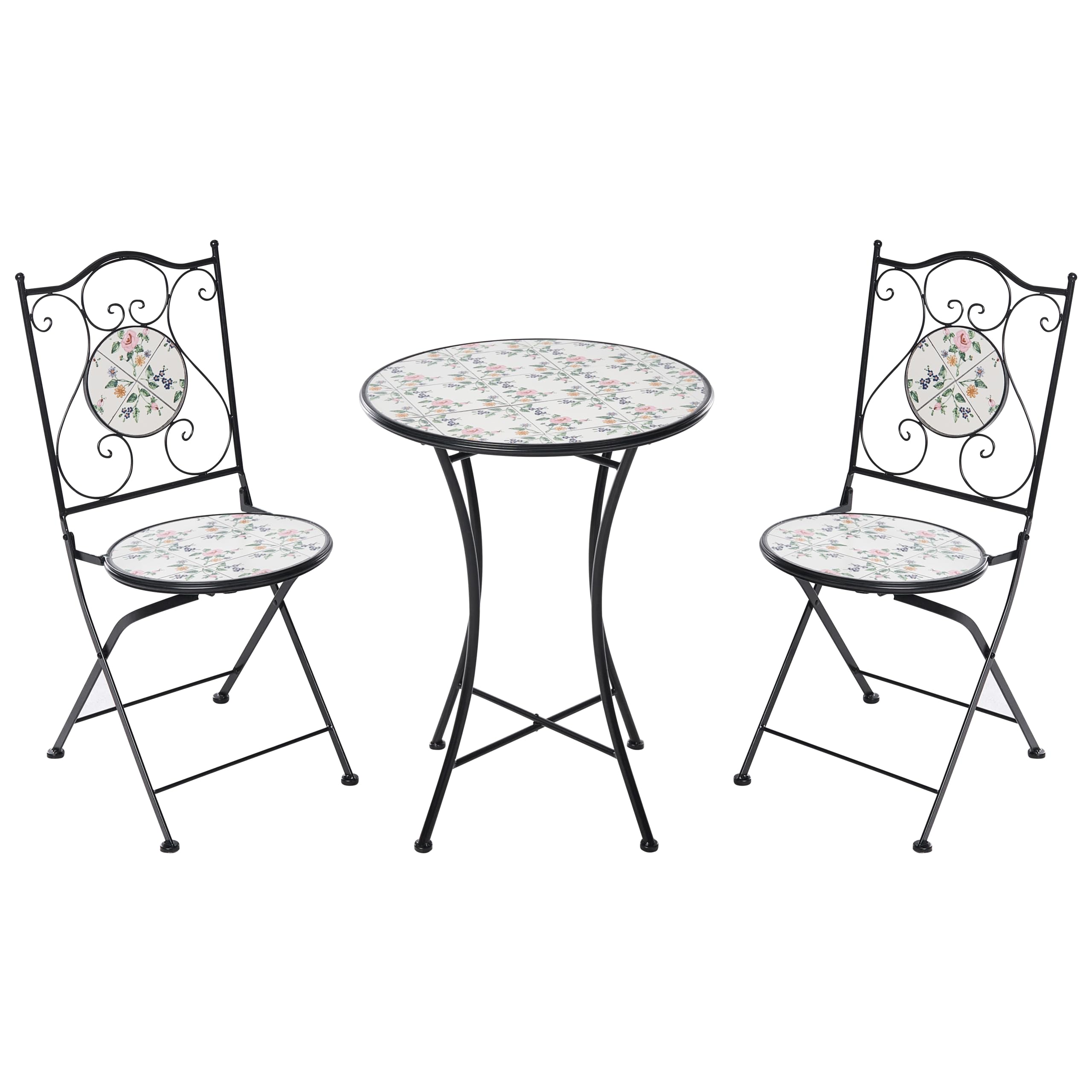 Beliani Set da bistrot in stile ferro battuto con tavolo e sedie pieghevoli in piastrelle di ceramica a mosaico nero