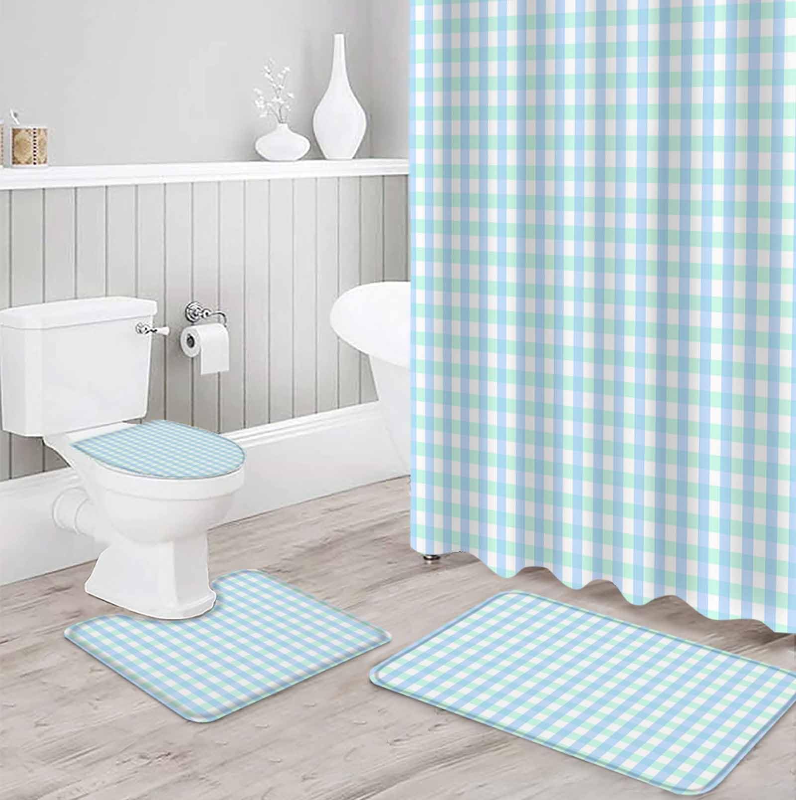 Aqua Blue Green Bathroom Set with Shower Curtain and Rug Accessories - 66x72 Inches Long Checkered Plaid Gingham Lattice Trellis Bathtub Curtain Waterproof with Small Bath Mat,Washable Runner Rug Set