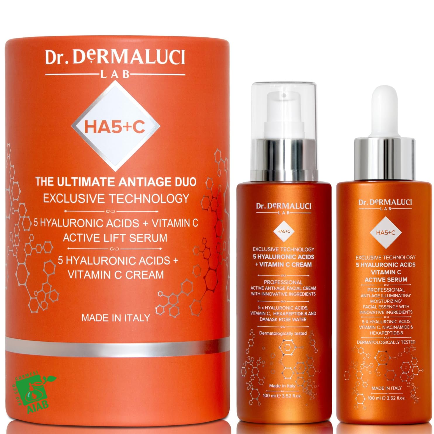 Dr. Dermaluci Lab - Cofanetto Regalo Donna/Uomo Compleanno BIO - Antirughe, Idratante, Illuminante - Siero Vitamina C + Crema 5 Acidi Ialuronici 2x100ml - Hexapeptide, Centella - Made in Italy
