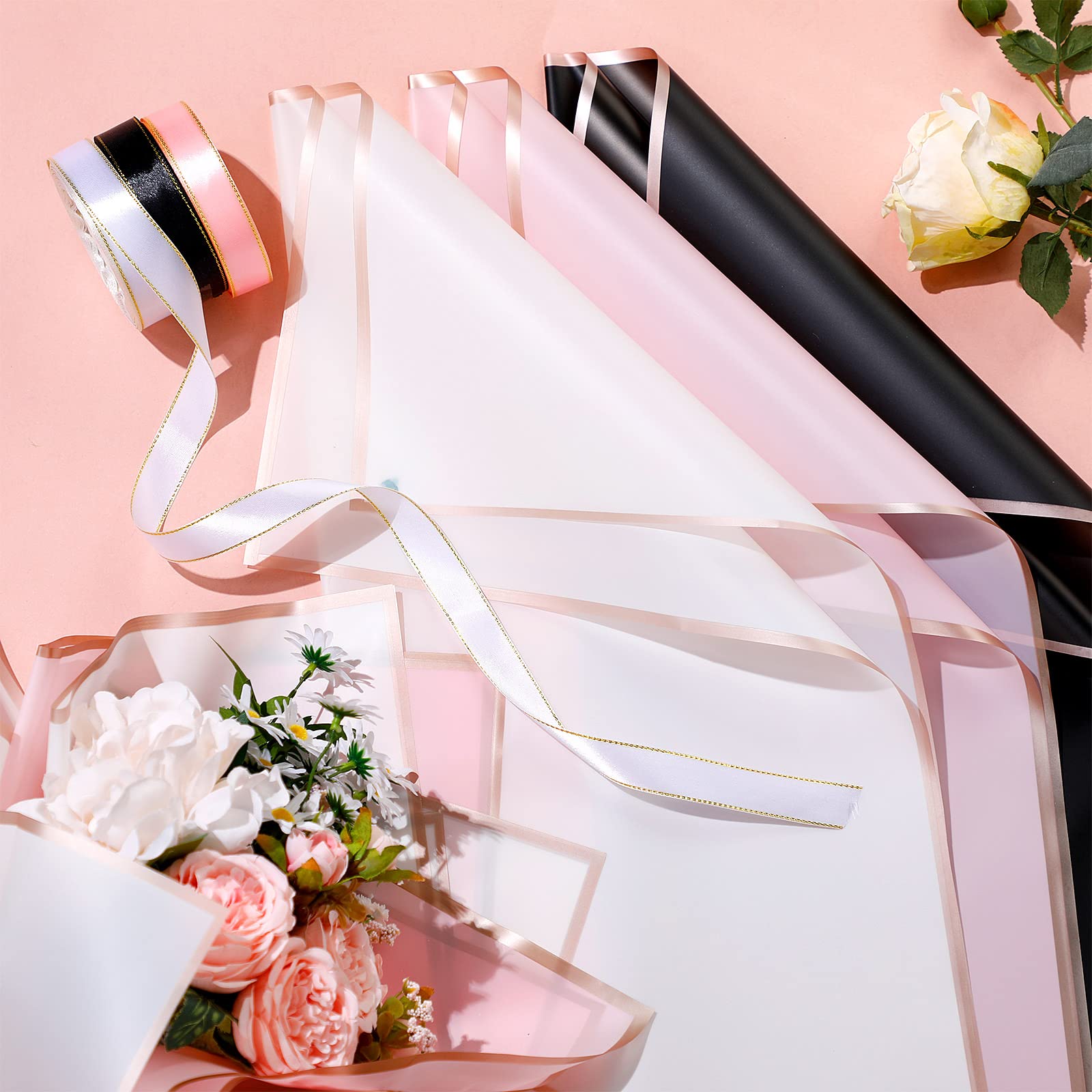 60 Sheets Flower Wrapping Paper Waterproof Flower Paper Gift Packaging with 3 Ribbon and 100 Pcs Bouquet Pins Flower Pins Florist Bouquet Supplies for Mother's Day Valentines Day Wedding, 3 Colors