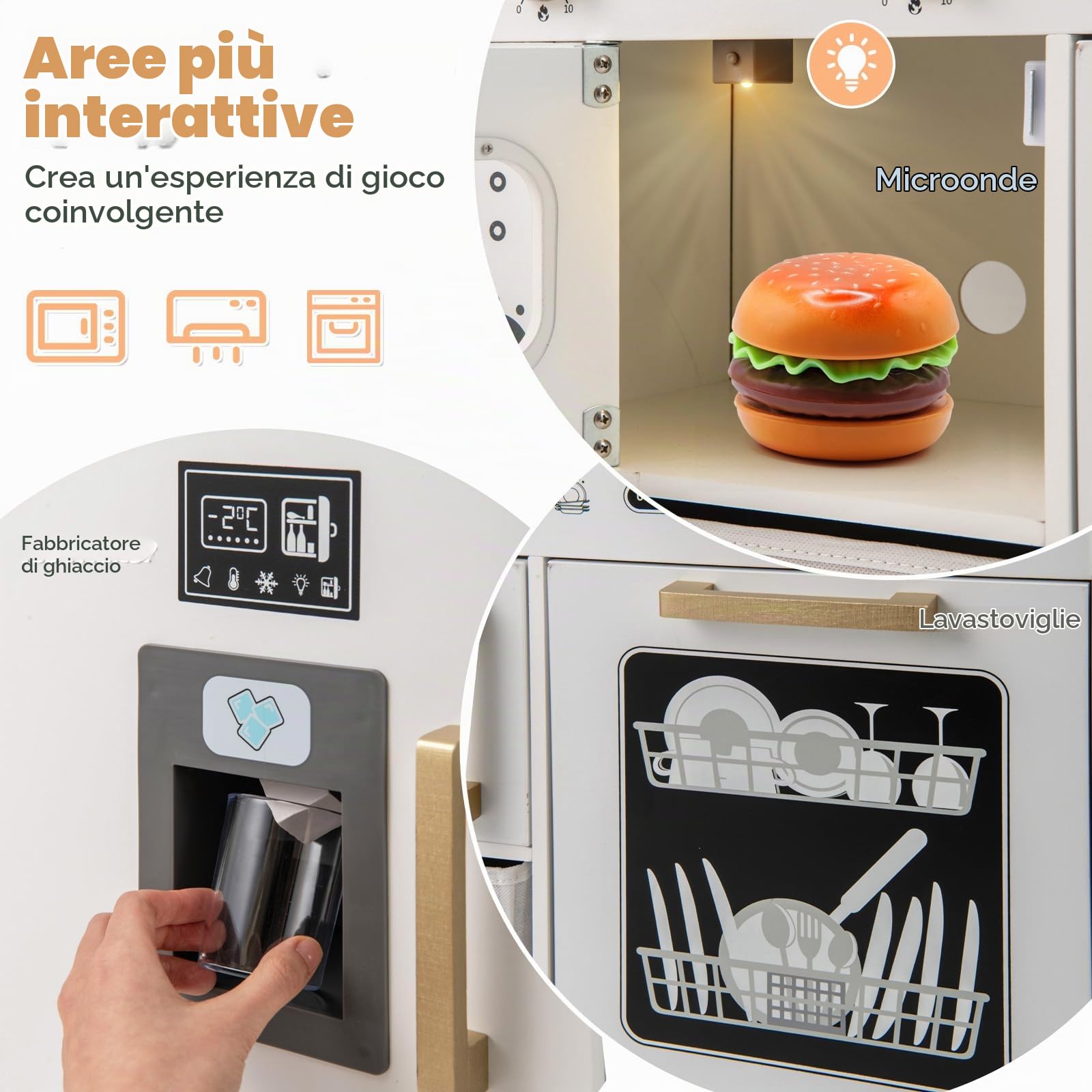HOMASIS Cucina per Bambini in Legno, Cucina Giocattolo con Microonde Illuminato, Fornello, Forno, Lavandino, Macchina per il Gelato, Lavagna, 8 Accessori e Cestini, per Bambini dai 3 Anni, Bianco