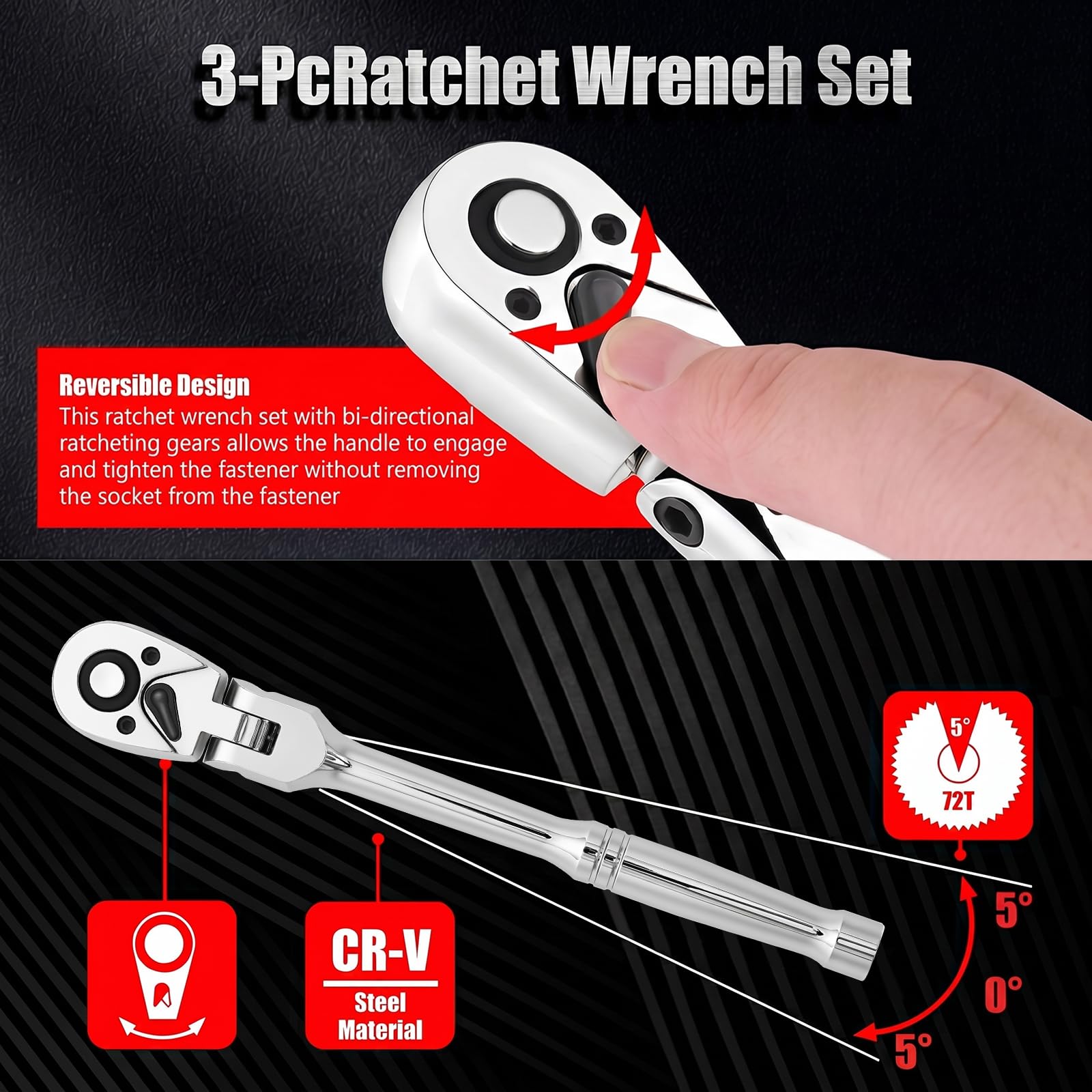 Set di 3 chiavi a cricchetto a gomito in diverse dimensioni, 1/2, 3/8, 1/4", set di chiavi a cricchetto a 72 denti a sgancio rapido con testa girevole flessibile