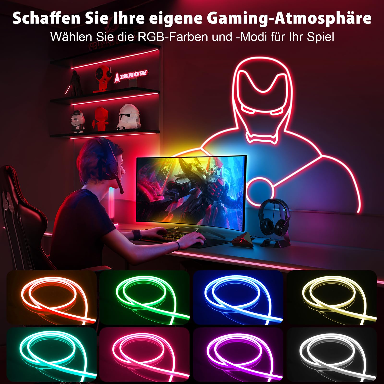 Striscia LED neon 10 m RGB, striscia LED con controllo app, telecomando IP65, impermeabile, flessibile, per esterni, 24 V, tubo luminoso per interni, musica fai da te per stanza, parete, gioco