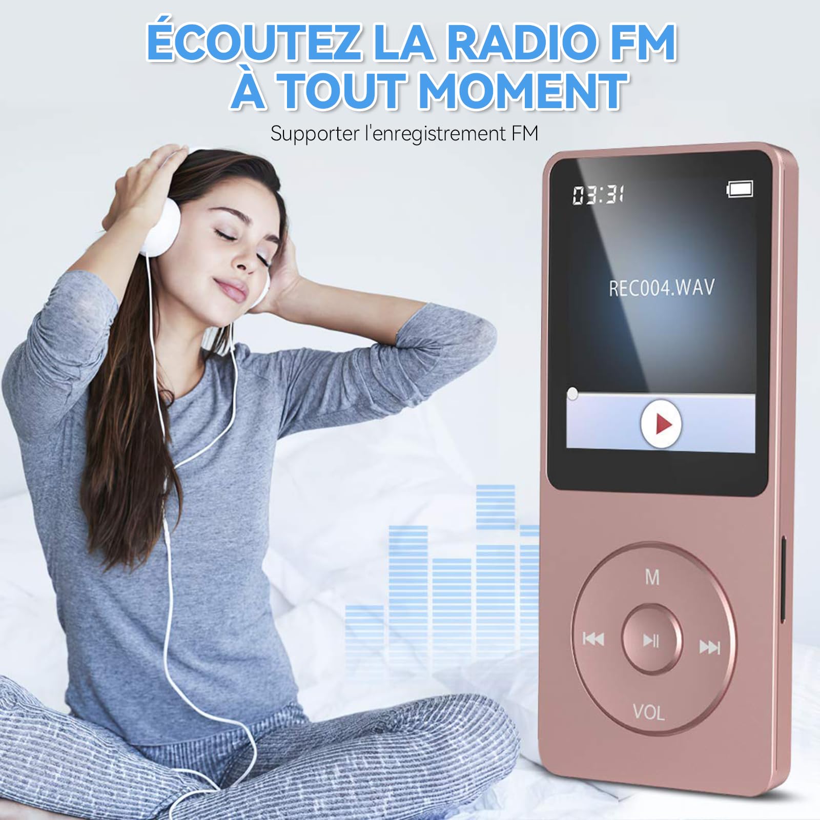 AGPTEK Lecteur MP3 Classique 64Go, Autonomie 70 Heures, Léger 30g, Hi-Fi, Baladeur Sport Enfant Adulte, Carte TF 128G - Rose