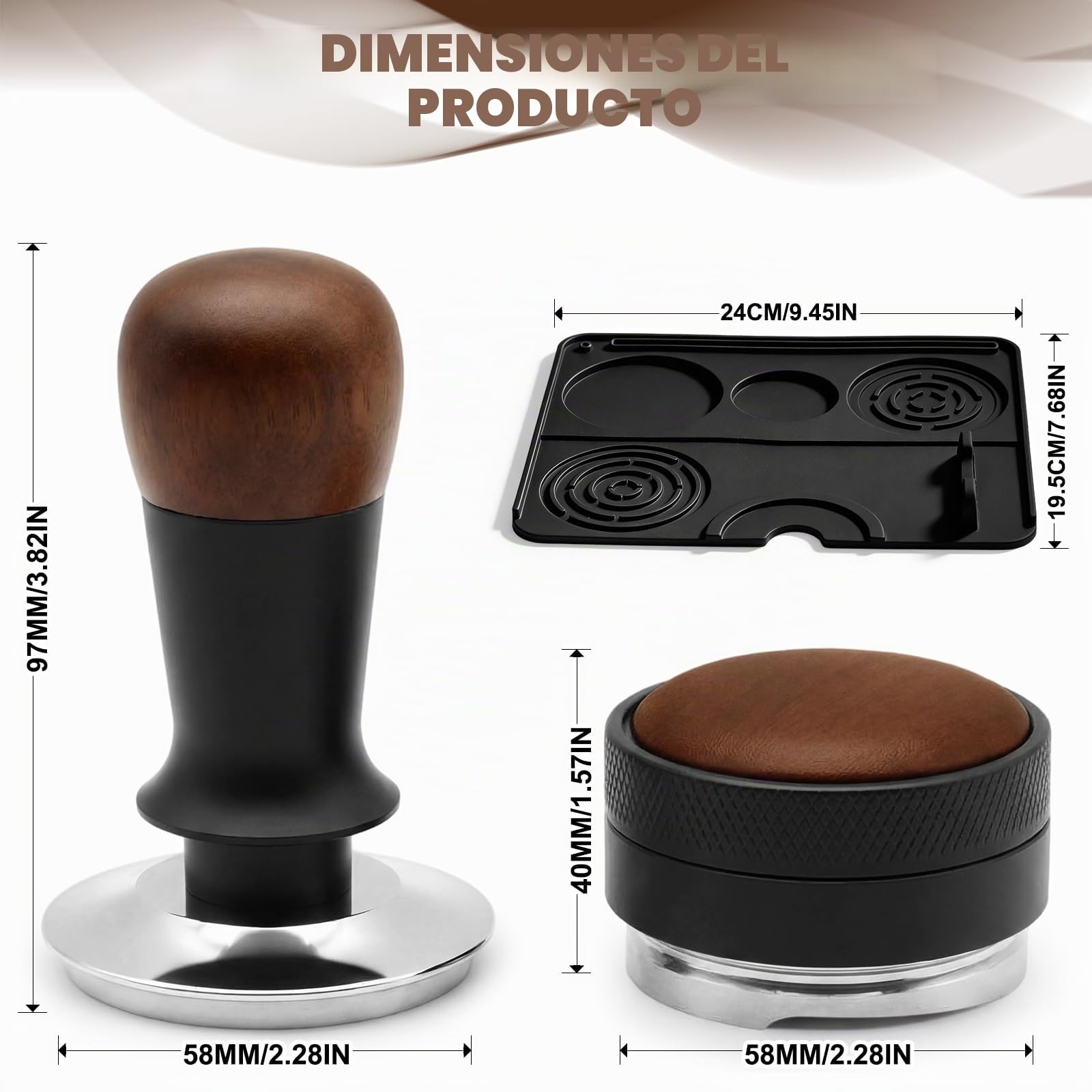 Tamper Café 58 mm Profesional, Dispensador de polvo de 58 mm y Alfombra de silicona – Kit Barista Premium para Espresso, Base Inox, Mango Madera, Herramienta de Tasado Compatible con Portafiltros, 58