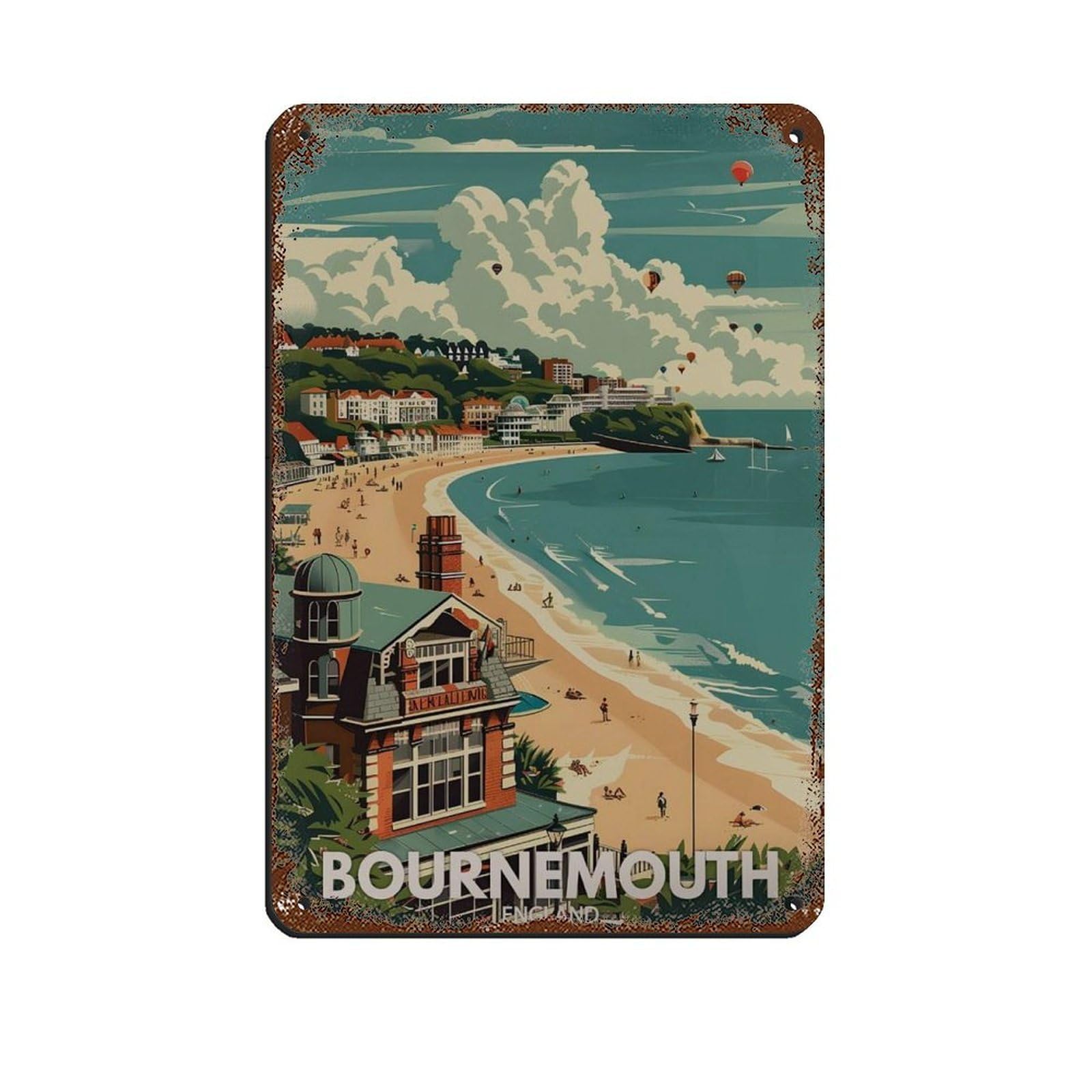 Lxwnze 20L X 30W Cm Bournemouth Poster, British Travel Tin Sign Vintage Metal Pub Club Cafe Bar Home Wall Art Decoration Poster Retro 8X12inch(20X30cm)