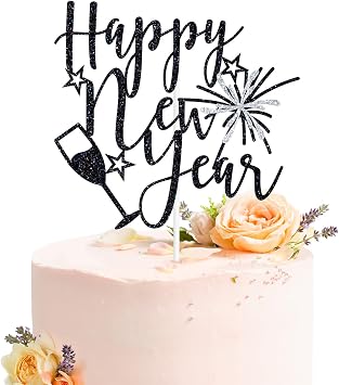 Happy New Year Cake Topper, Cheers 2026, Goodbye 2025 Hello 2026, Happy New Year Party Decorations Black Glitter