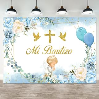 7x5ft Mi Bautizo Backdrop First Holy Communion Baptism Photography Background Blue Flower Golden Cross Dove Angel God Bless Banner Decorations Mi Primera Comunion Portrait Photo Booth Prop