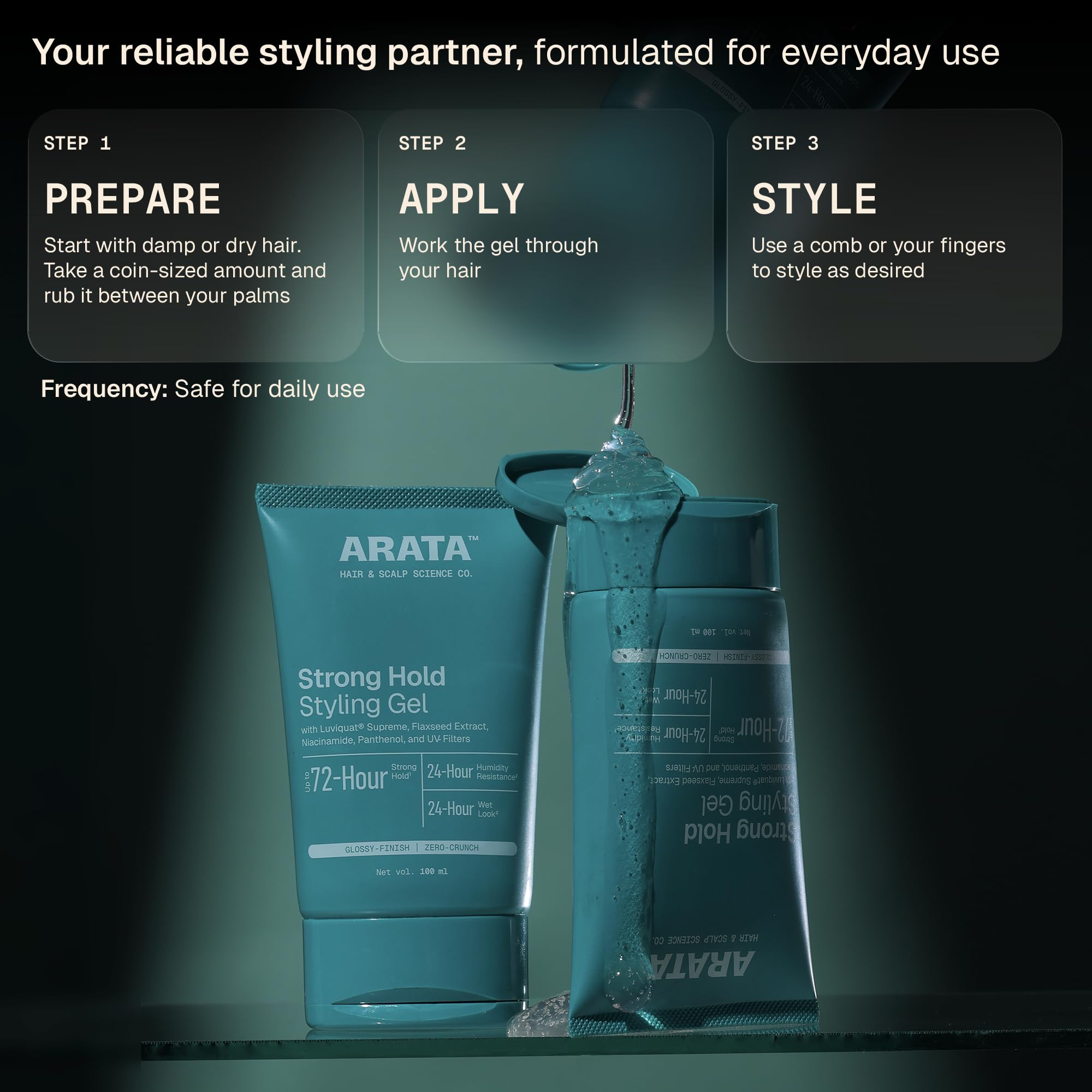Arata Strong Hold Styling Hair Gel |With Flax Seed Extract | Sleek, Slicked Back Styles | Controls Frizzy Hair and Flyaways | SLS, Paraben & Drying Alcohol-Free 100 ml 4