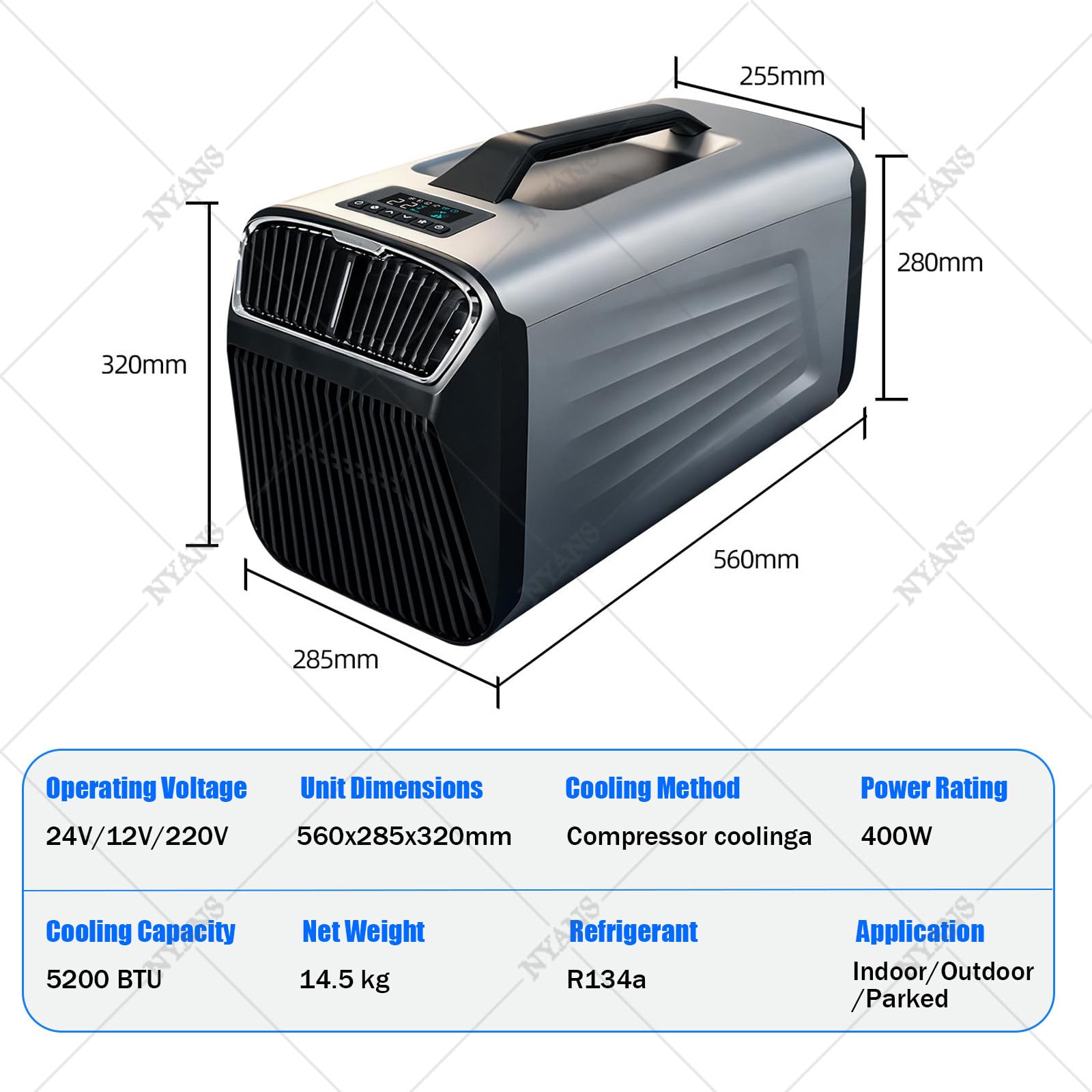 NYANS Condizionatore d'Aria Portatile da 5200 BTU per Campeggio, 400W, a Risparmio Energetico, con Telecomando, Raffreddamento Rapido per Camper, Tenda, Barca e Pesca 12V/220V-Gray