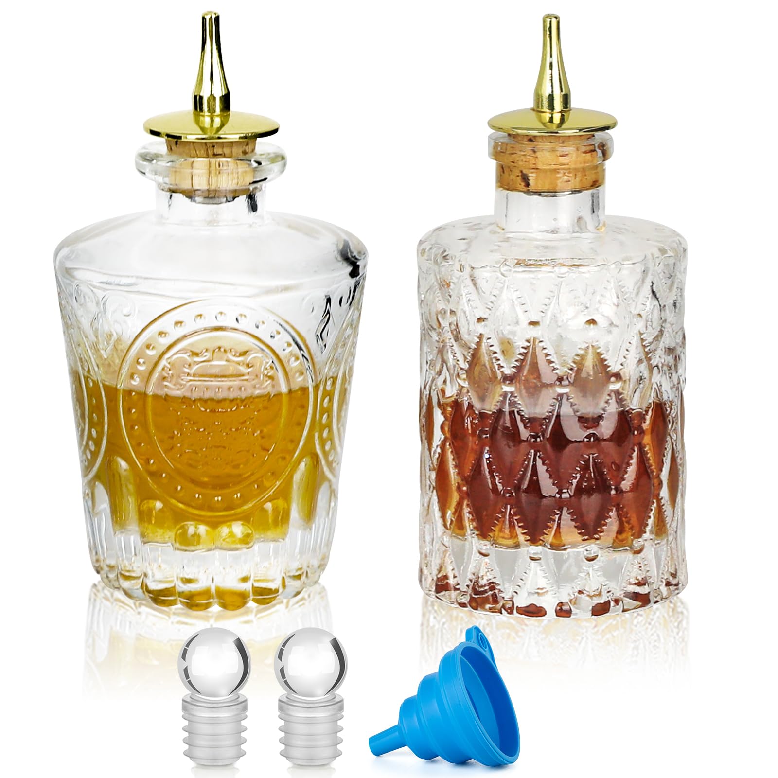 Bitters Bottle Set of 2，Glass Dasher Bottle, Decorative Bottle for Cocktail with Gold Dash Top
