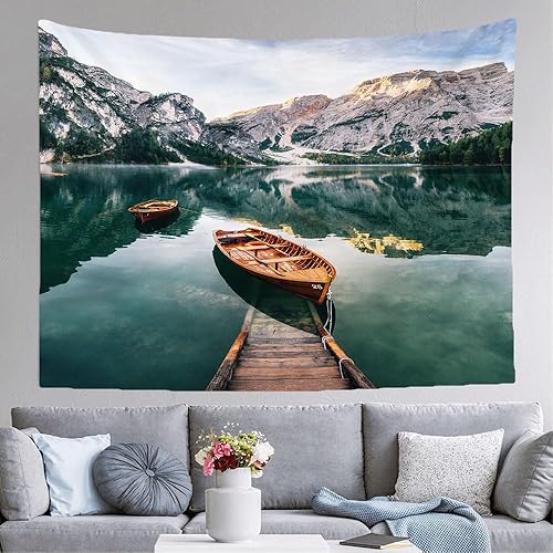 Miniatura 3 de GRETIFY Tapiz de montaña para dormitorio, barcos y construcción de resbalones, tapices de lago Braies, decoración de pared para colgar en la pared
