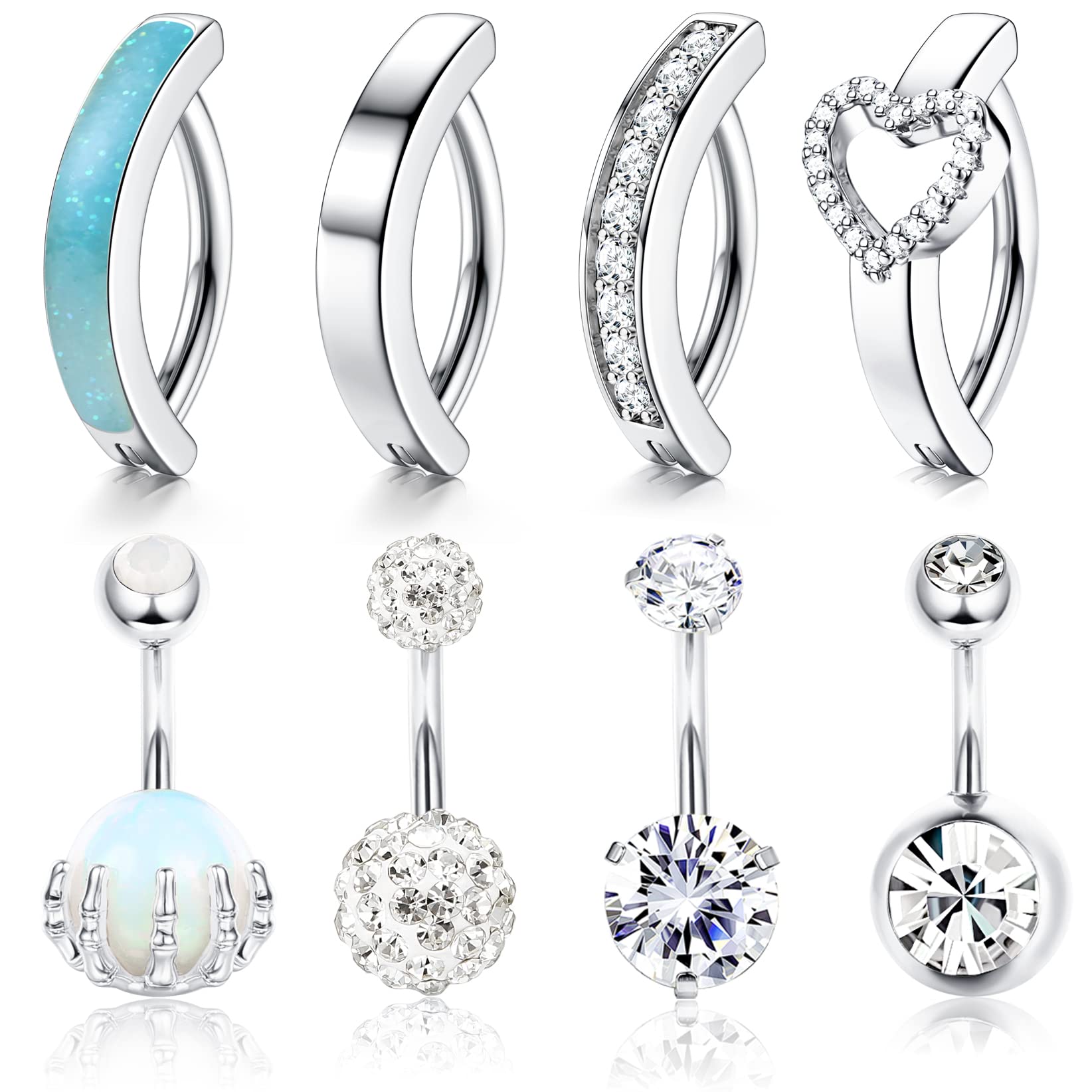 Diamday8PCS 14G Clicker Ombligo Anillos para Mujeres Acero Inoxidable Ombligo Piercing CZ Corazón Ombligo Barra Curva Inversa Ombligo Banana Pircing Anillos Cuerpo Piercing Joyería Oro Plata